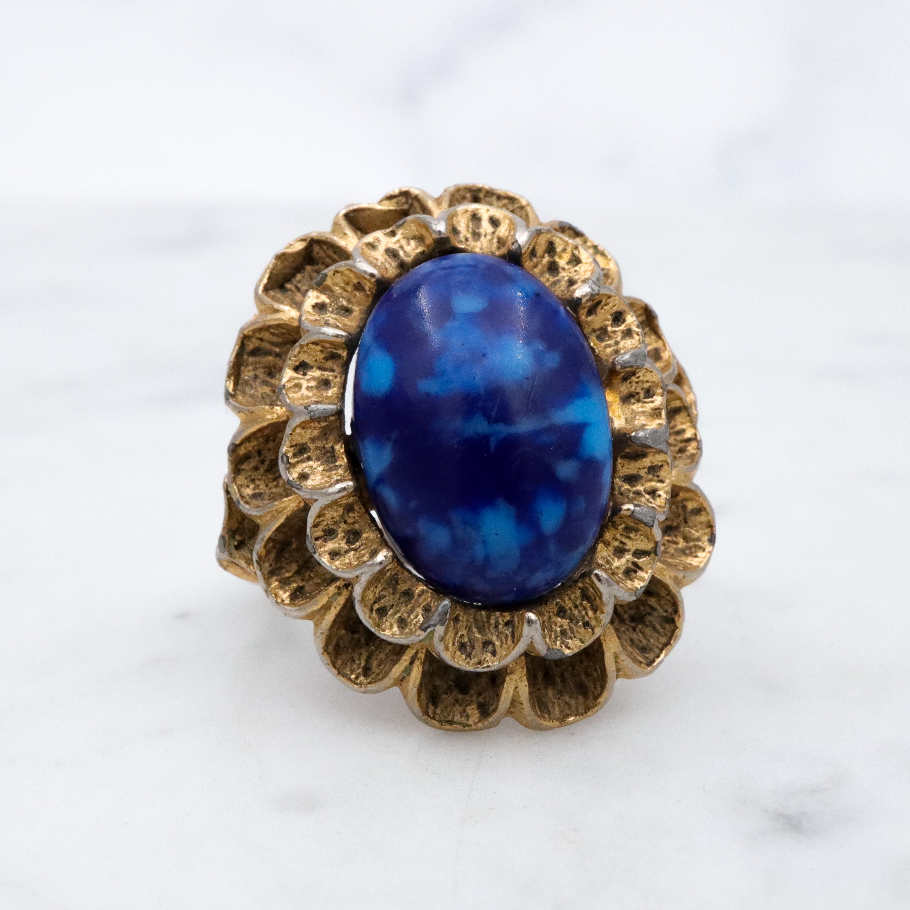 Vintage lapis glass gilt metal filigree halo cocktail ring, size 6