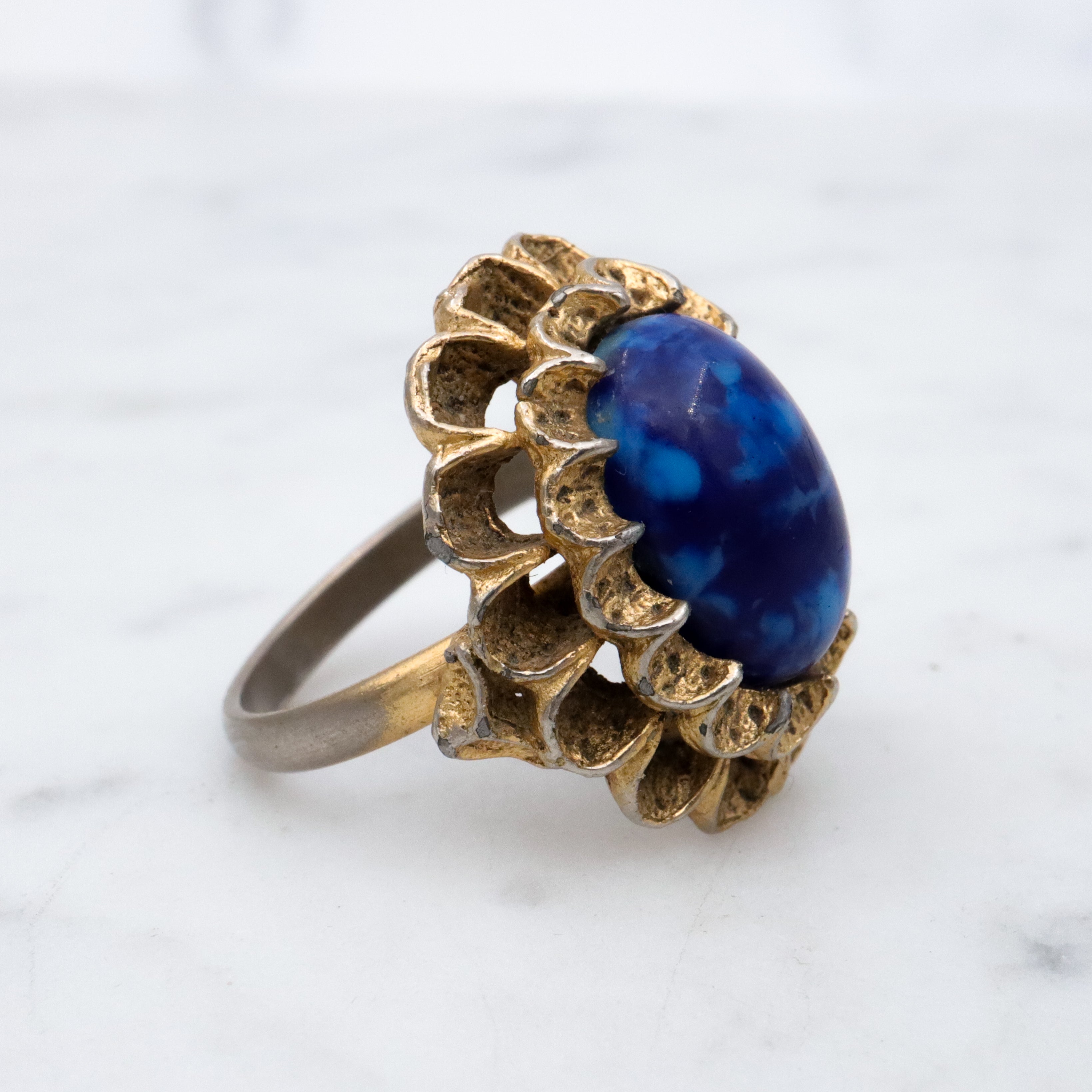 Vintage lapis glass gilt metal filigree halo cocktail ring, size 6