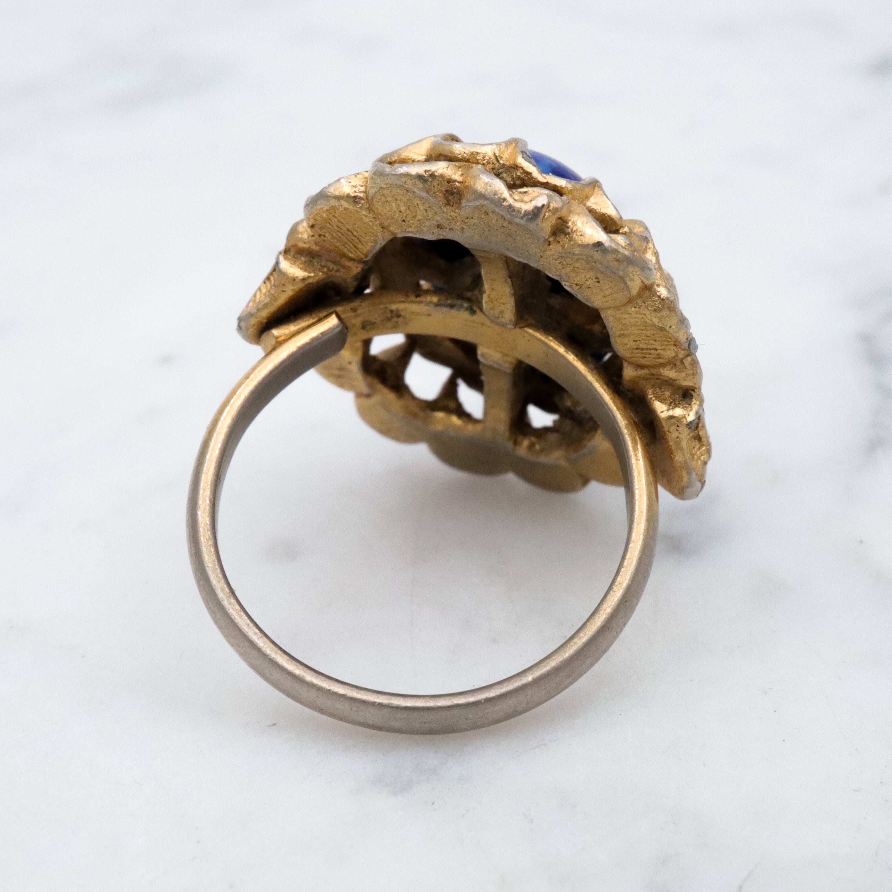 Vintage lapis glass gilt metal filigree halo cocktail ring, size 6