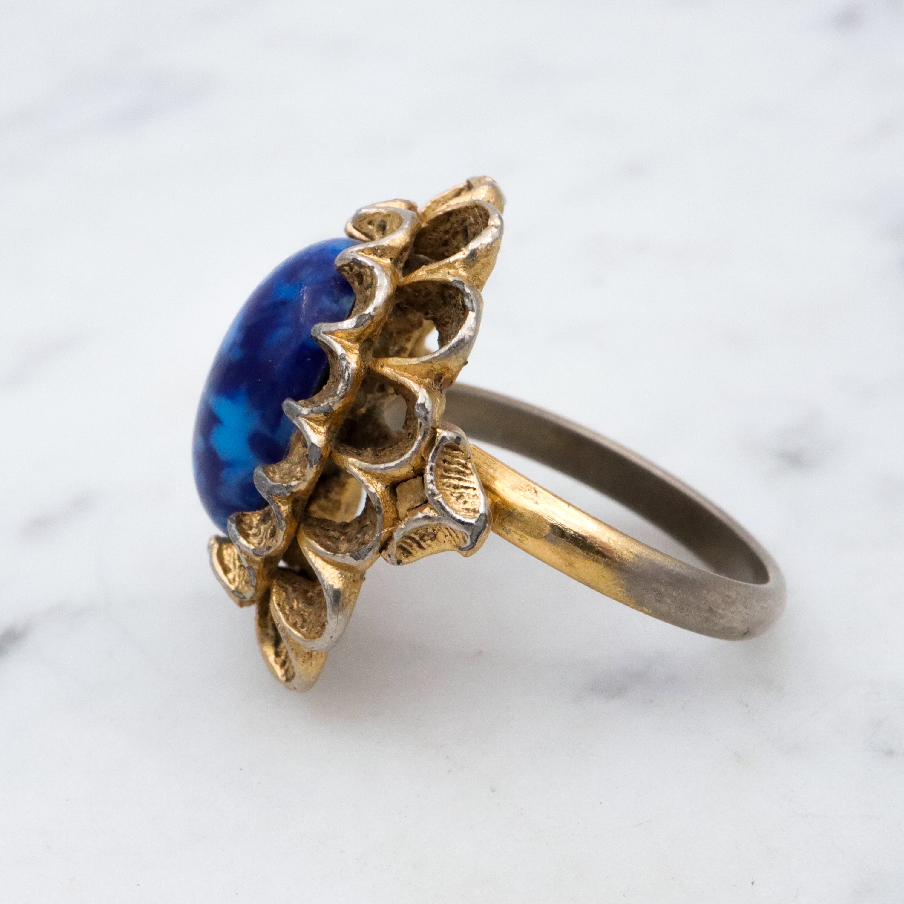 Vintage lapis glass gilt metal filigree halo cocktail ring, size 6