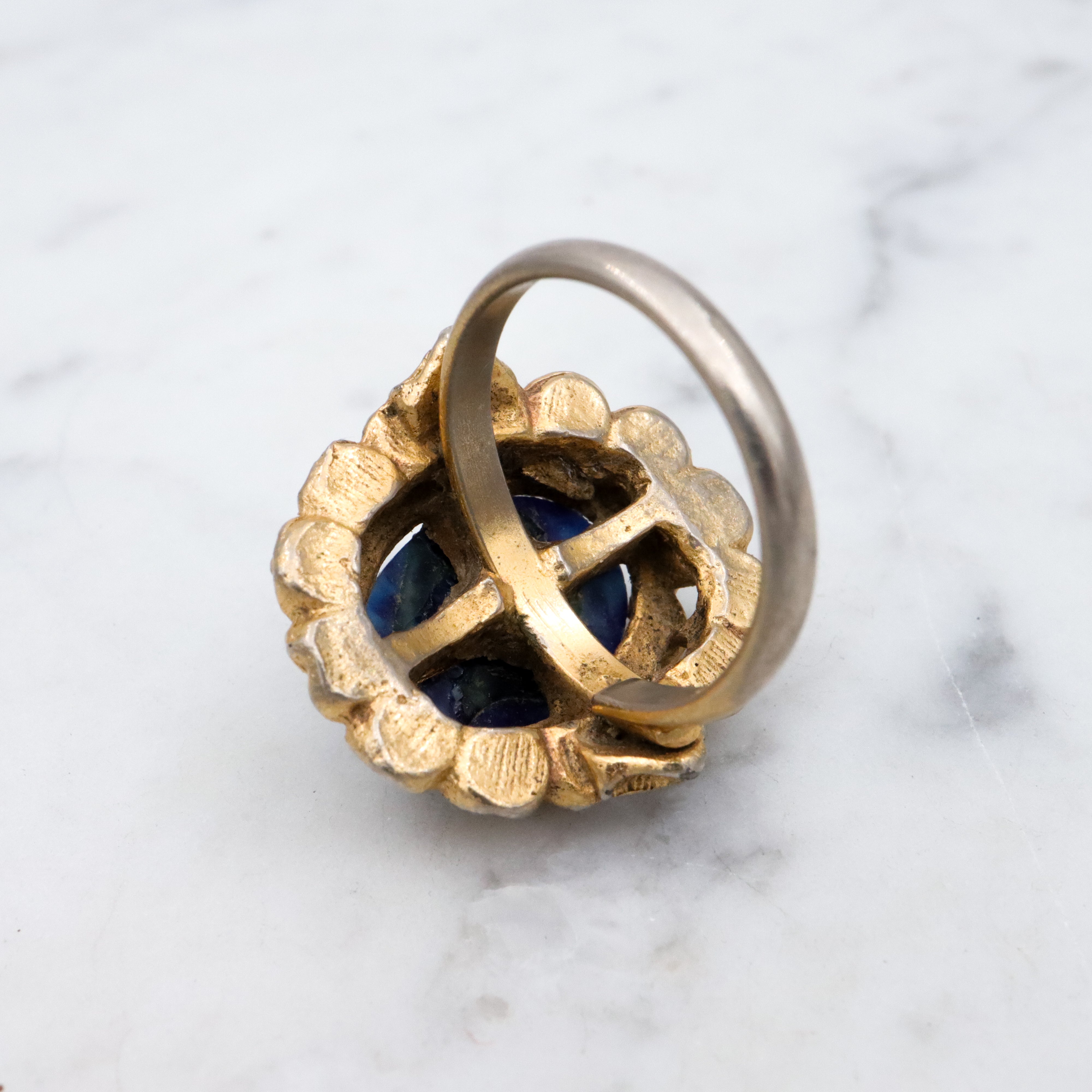 Vintage lapis glass gilt metal filigree halo cocktail ring, size 6