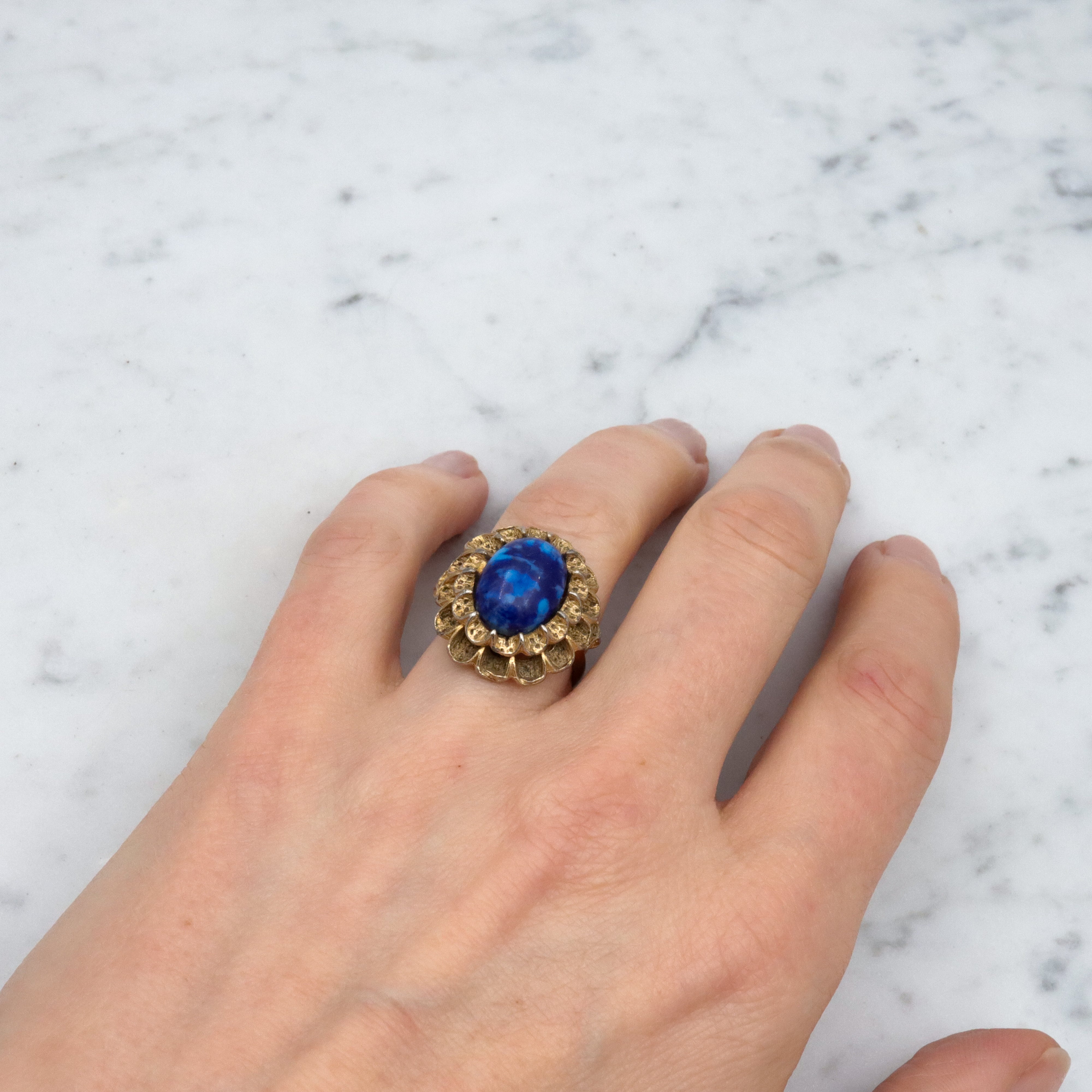 Vintage lapis glass gilt metal filigree halo cocktail ring, size 6