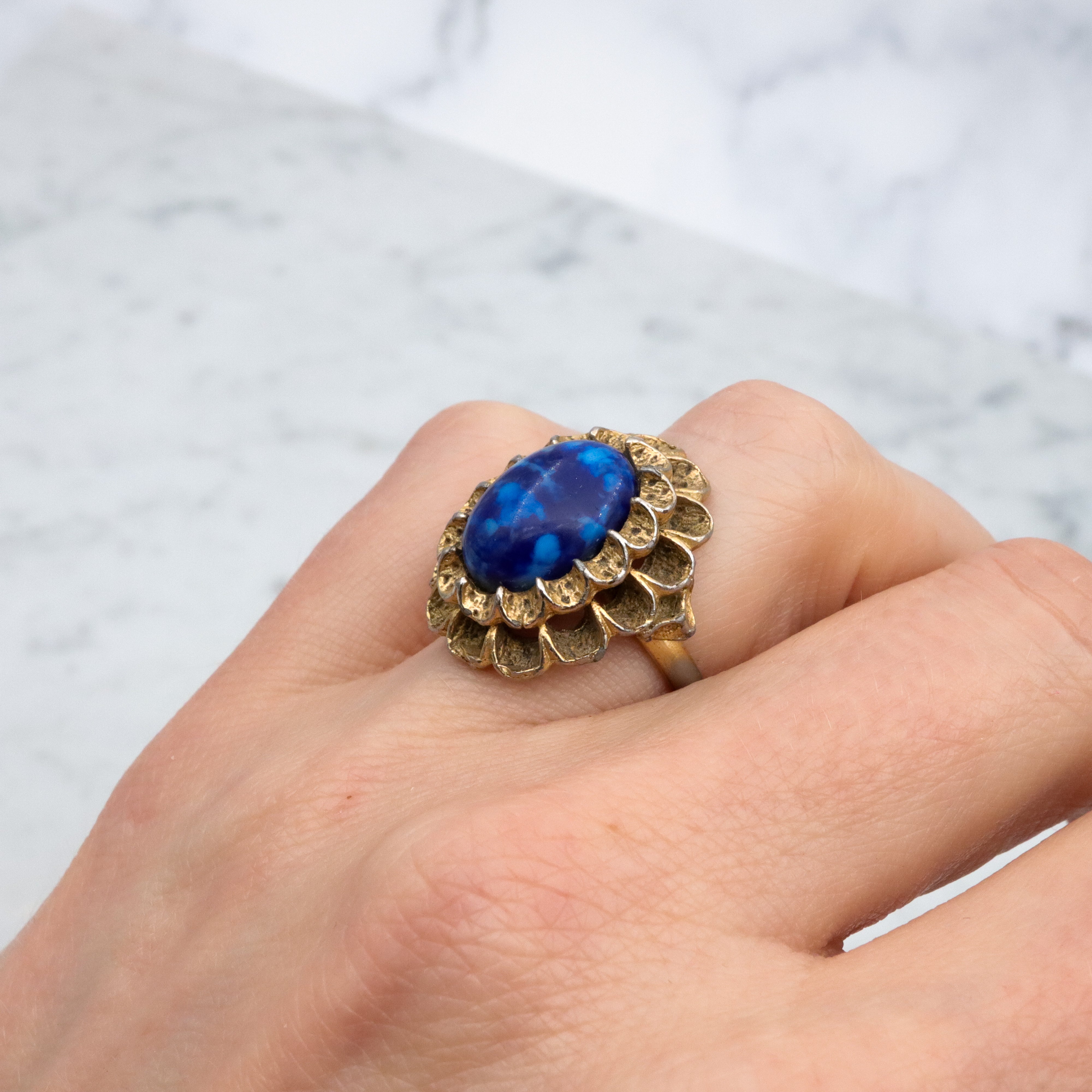 Vintage lapis glass gilt metal filigree halo cocktail ring, size 6