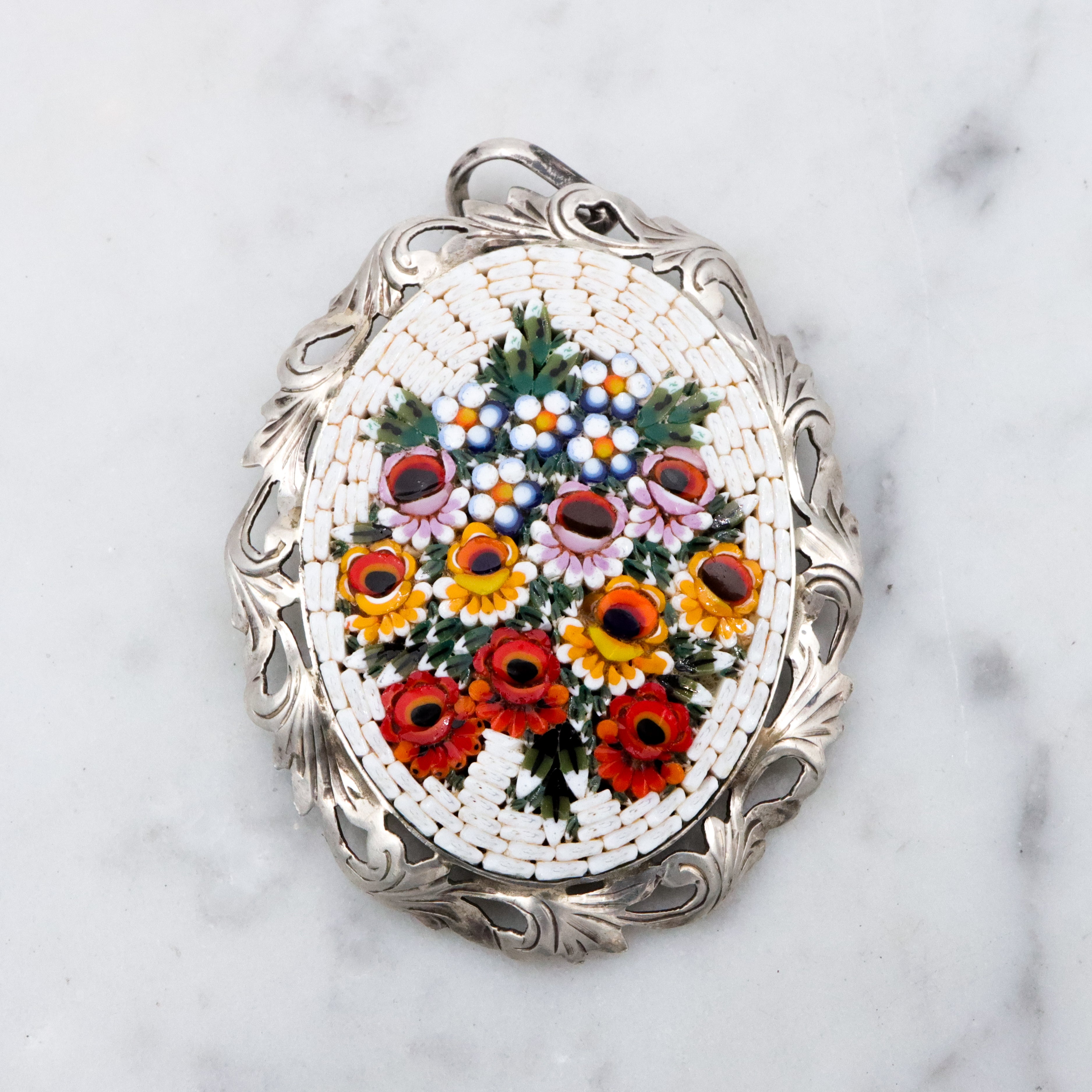 Vintage Italian micro mosaic floral plaque 800 silver pendant