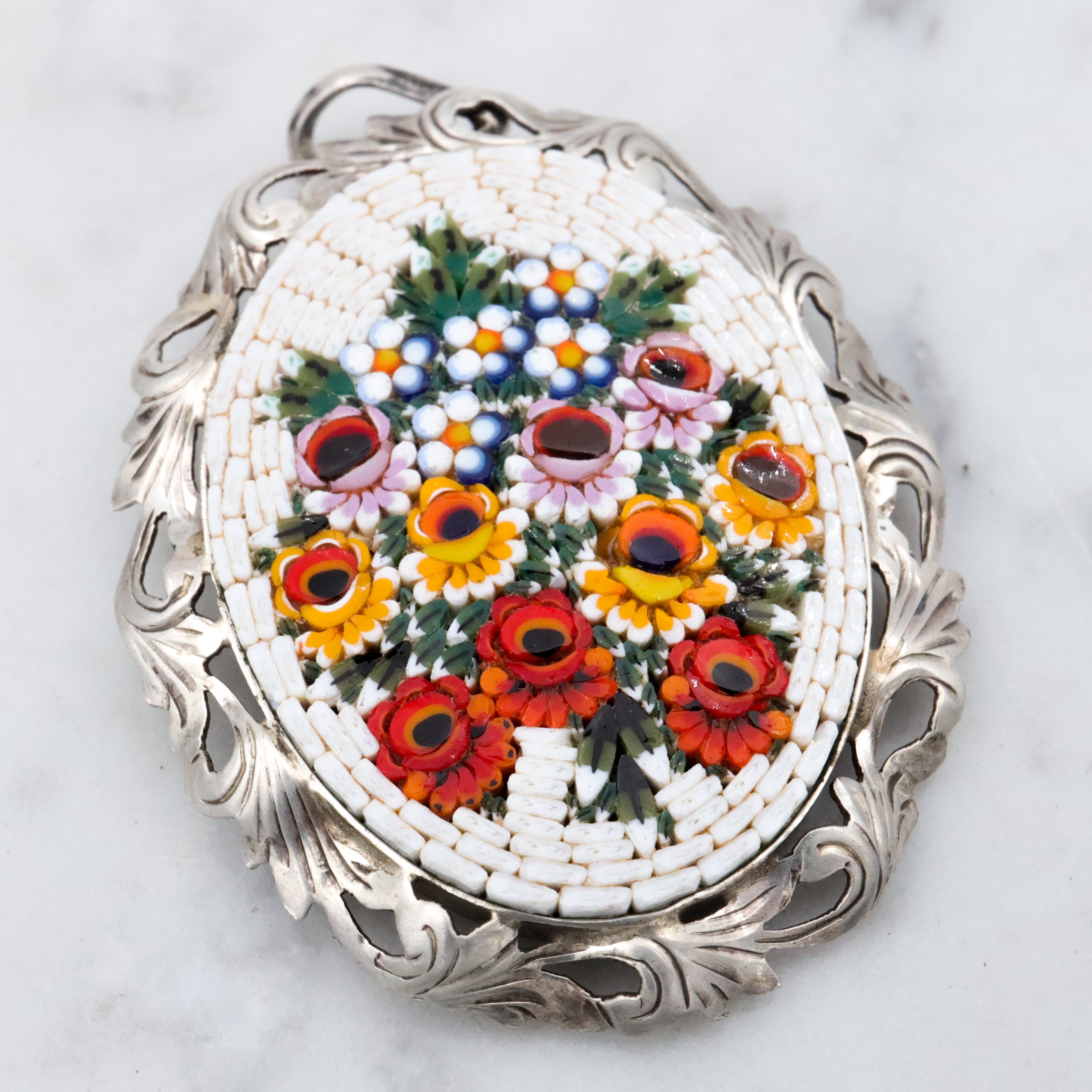 Vintage Italian micro mosaic floral plaque 800 silver pendant