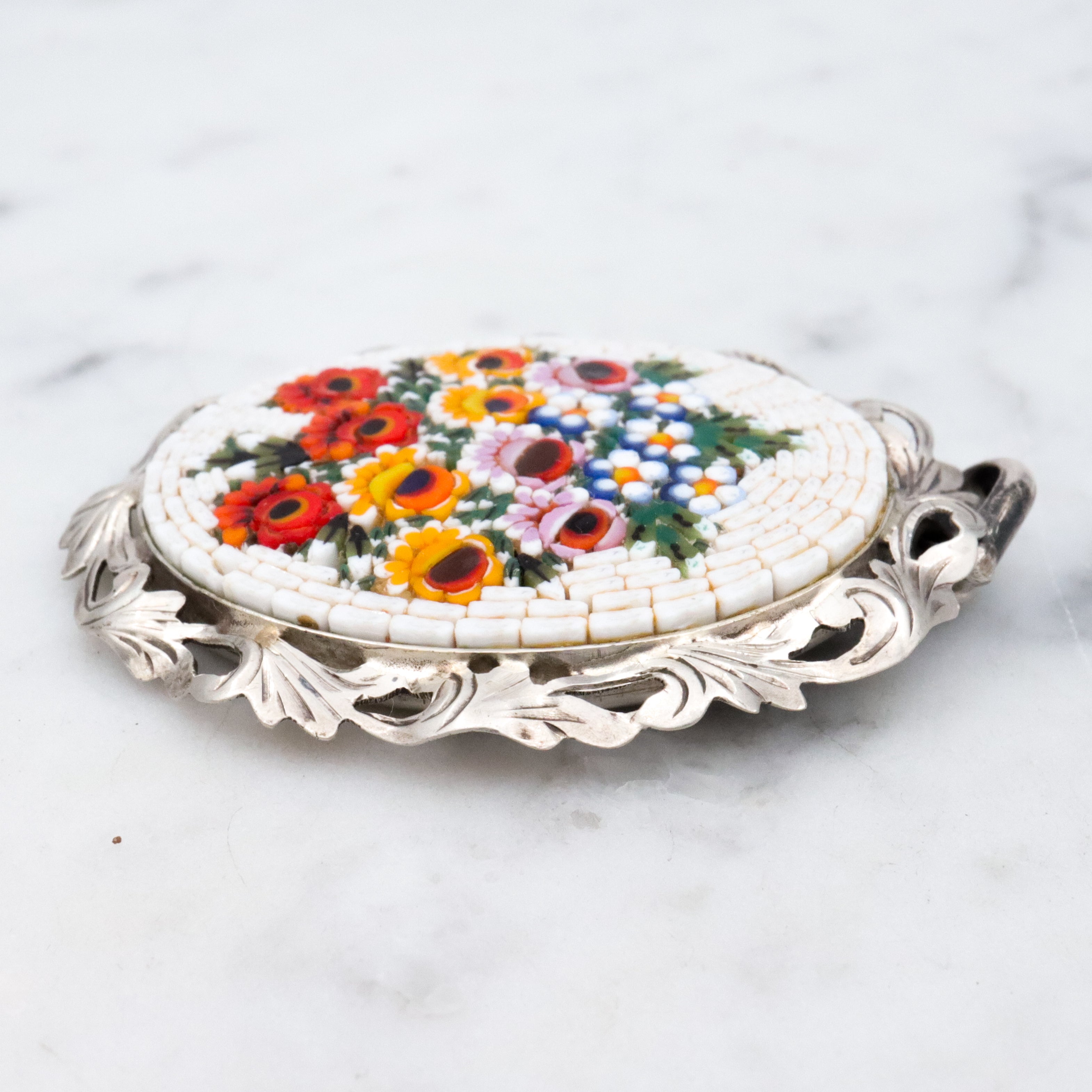 Vintage Italian micro mosaic floral plaque 800 silver pendant