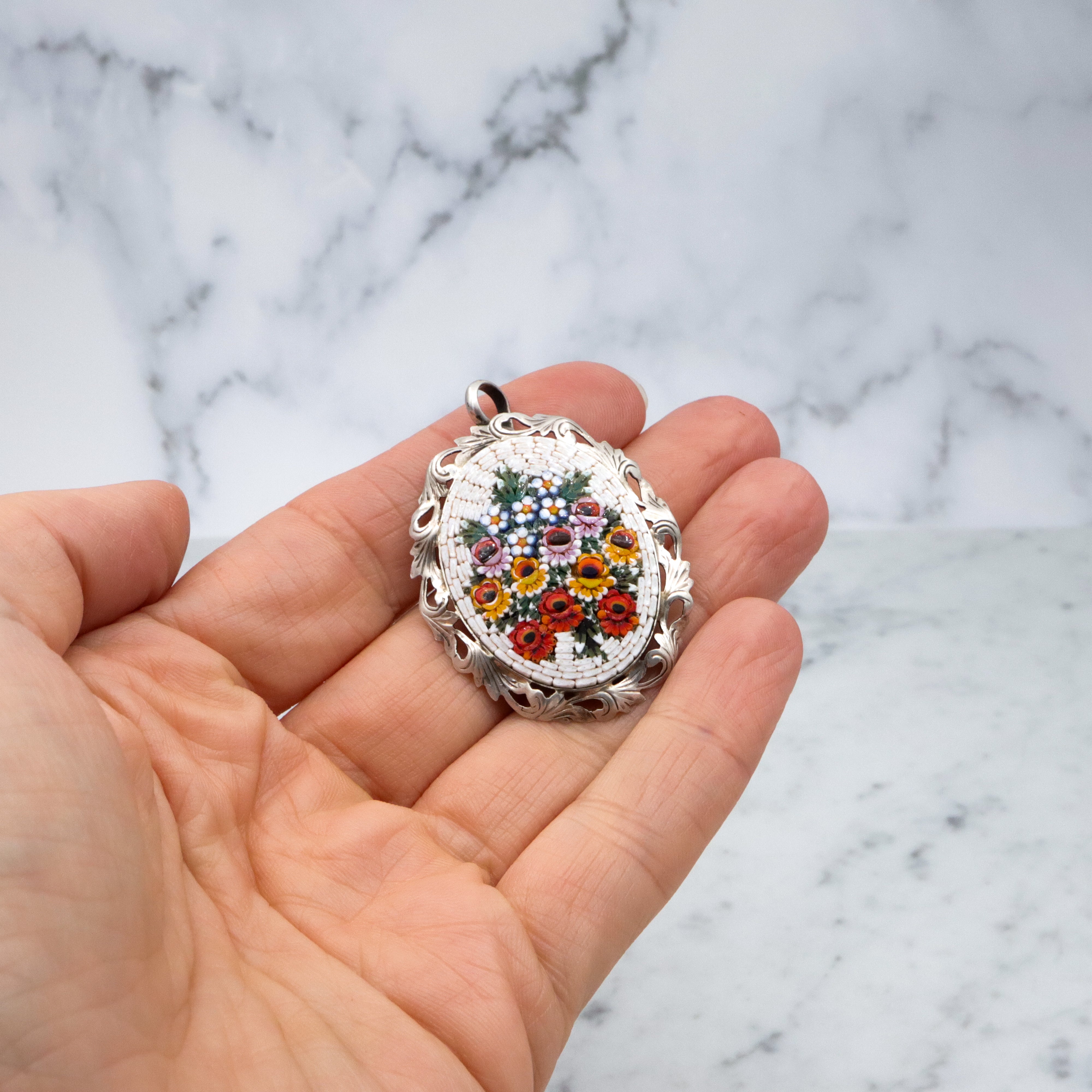 Vintage Italian micro mosaic floral plaque 800 silver pendant
