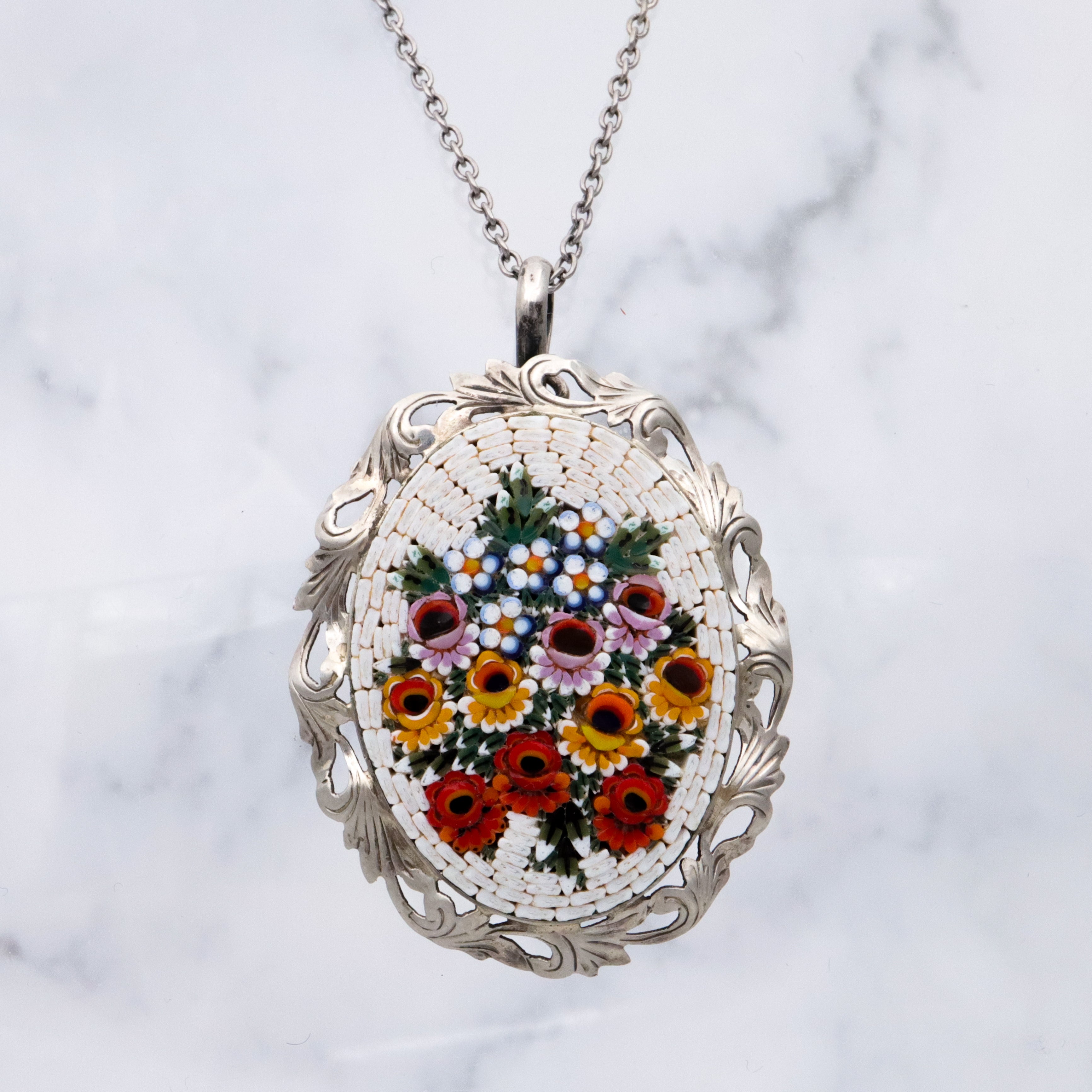 Vintage Italian micro mosaic floral plaque 800 silver pendant