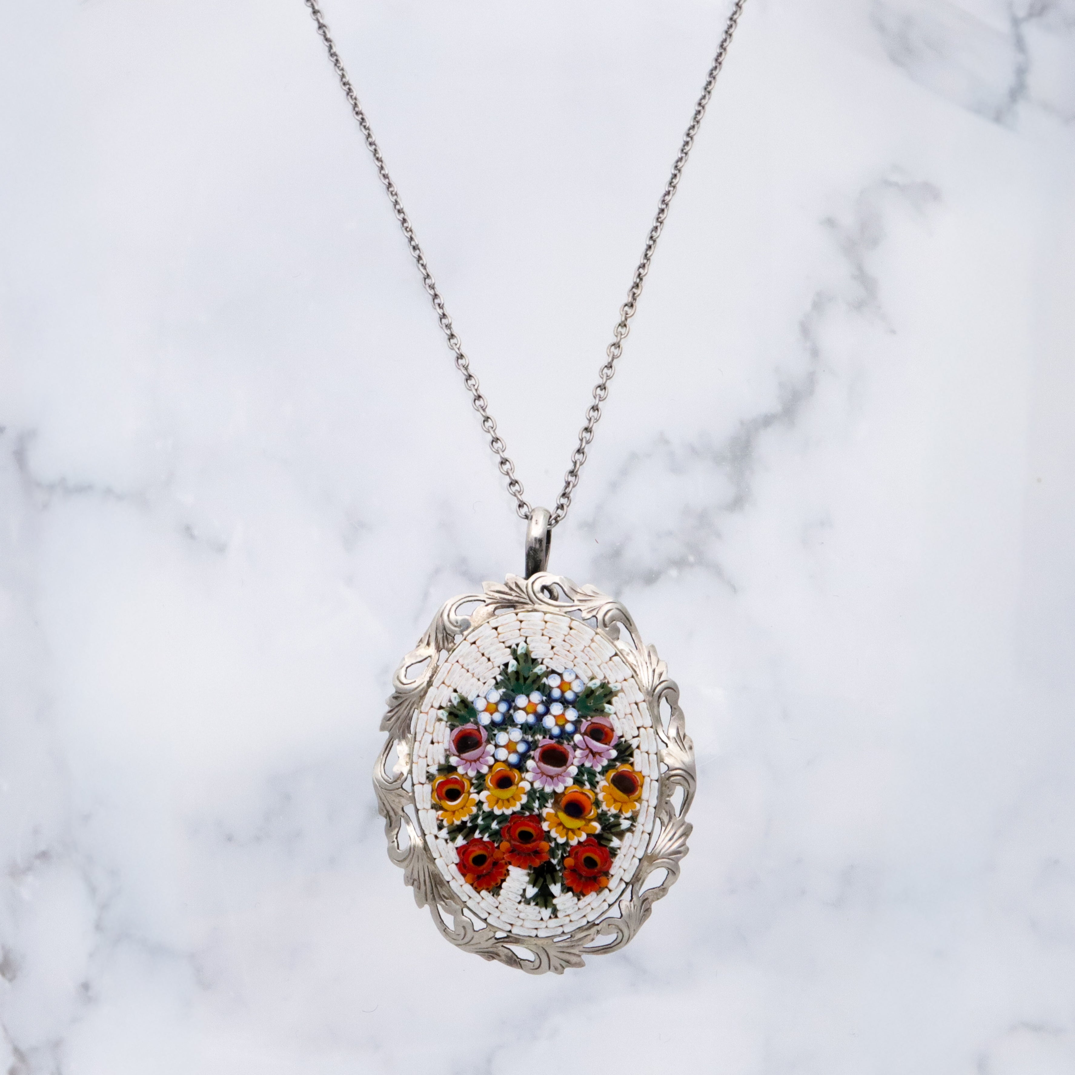 Vintage Italian micro mosaic floral plaque 800 silver pendant