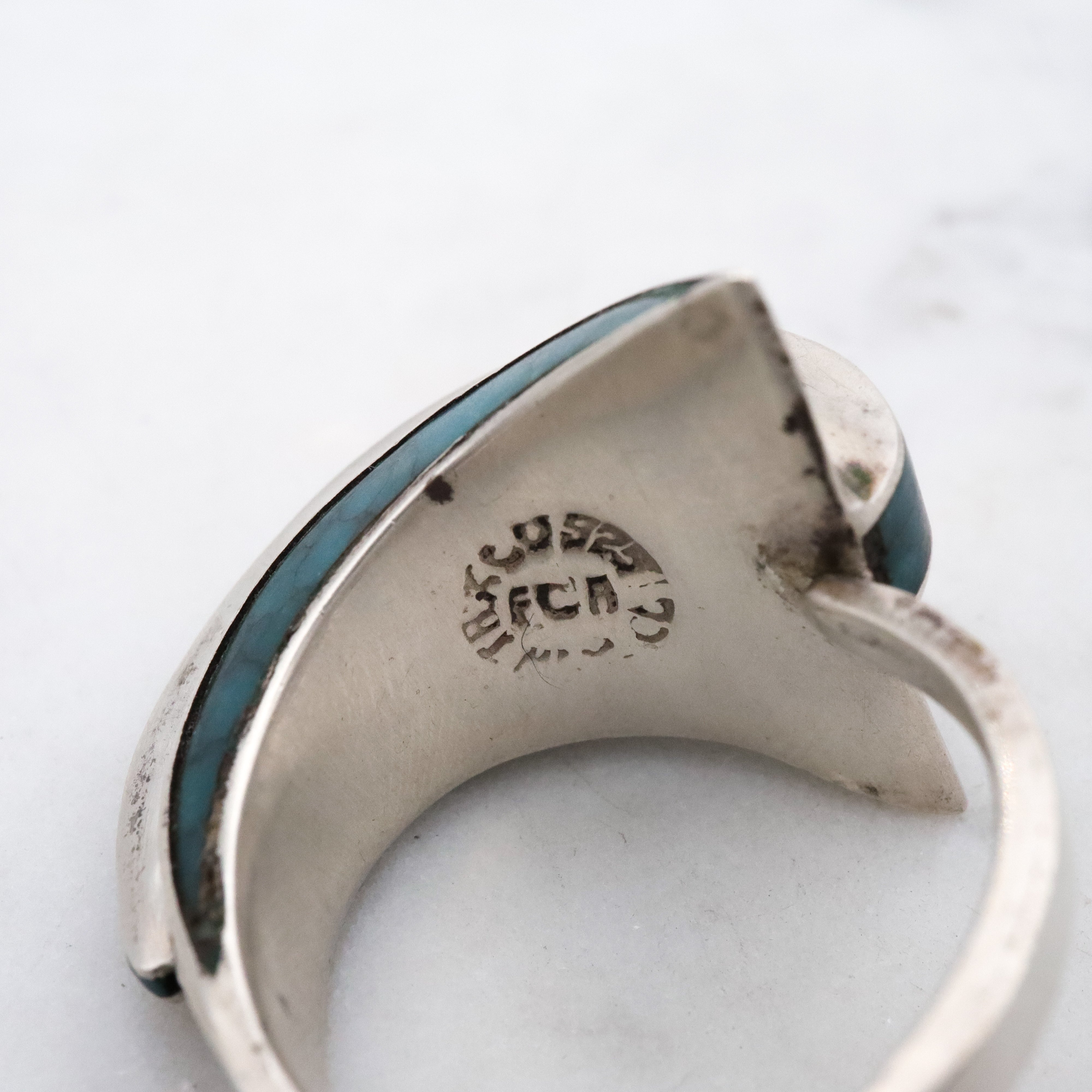 Vintage Mexican Modern turquoise inlay sterling wrap ring, size 7.5 adjustable