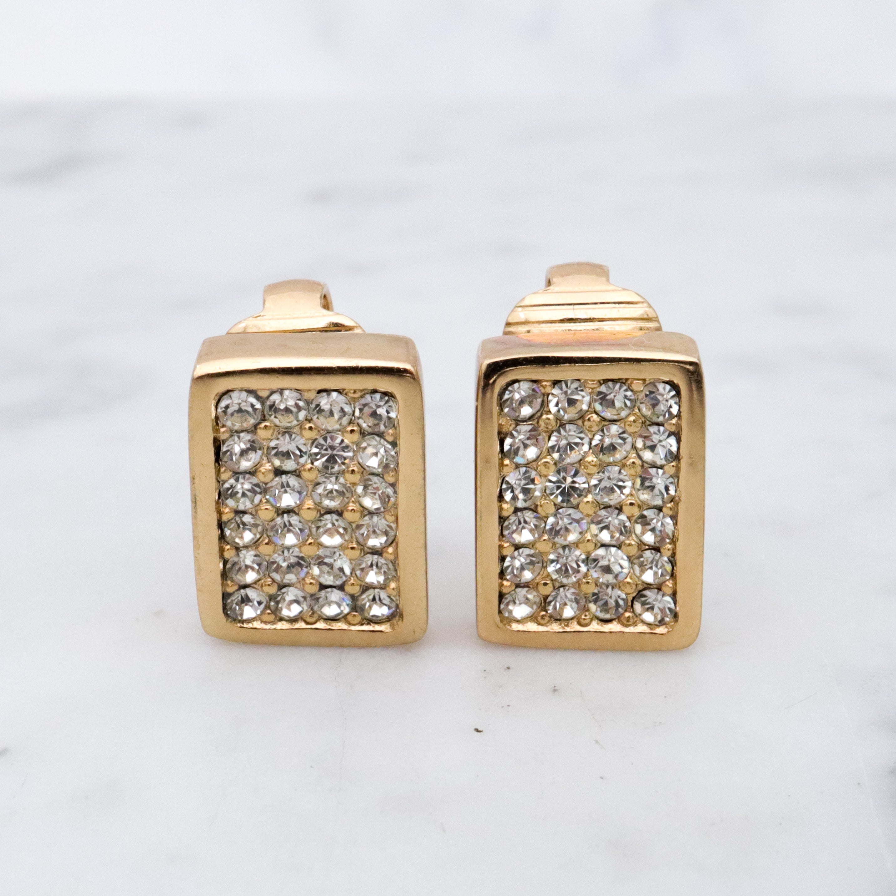 Retro Christian Dior gold plated pave rhinestone block clip earrings