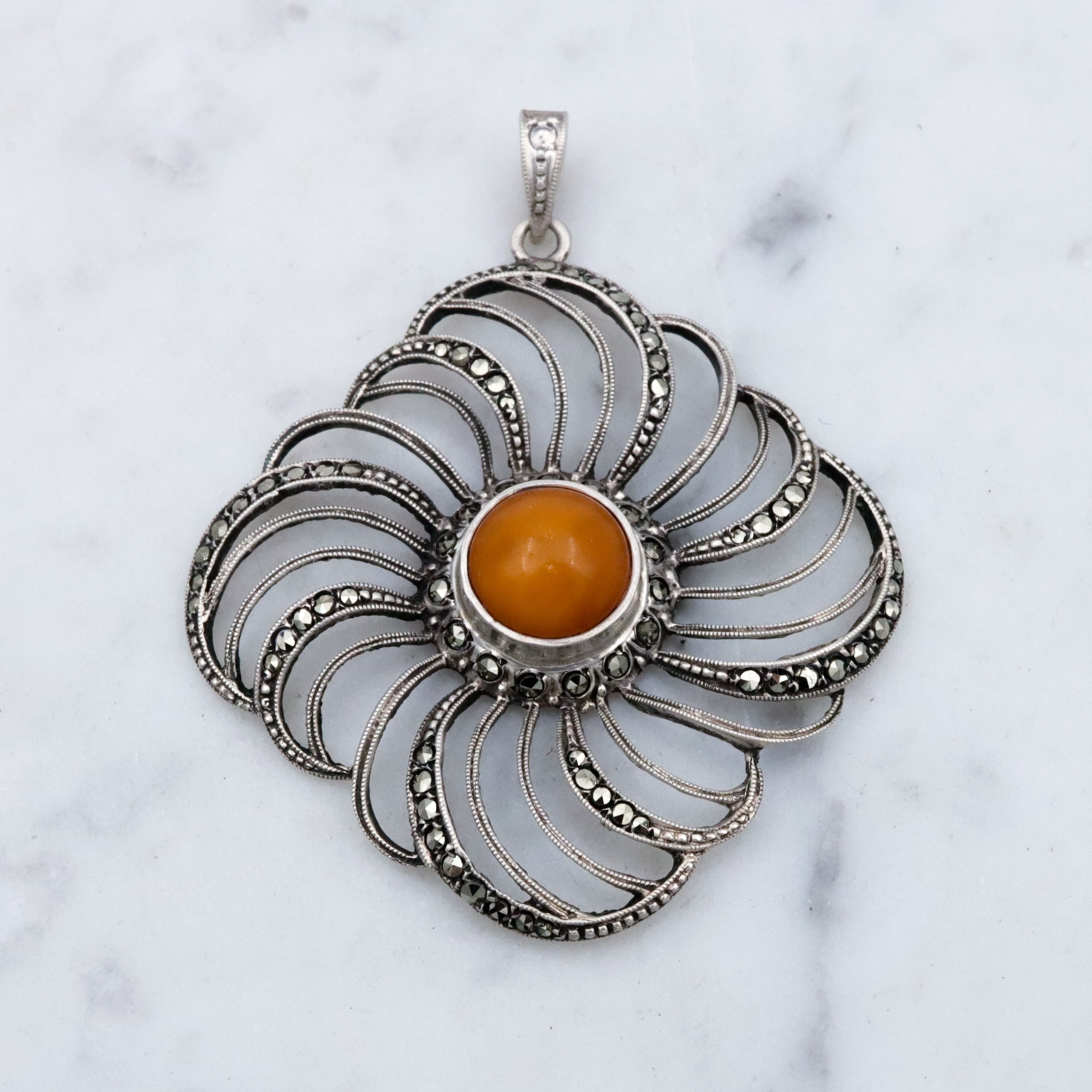 Mid Century Theodor Klotz Germany 835 silver, amber, and marcasite spiral pendant