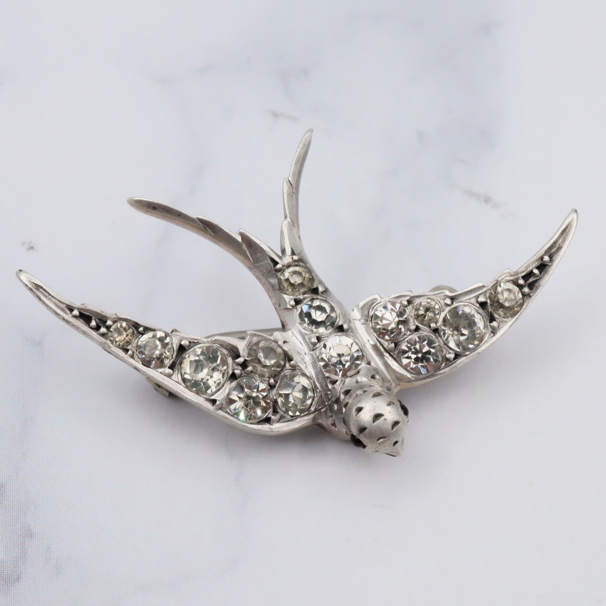 Antique Victorian .900 European handmade silver & paste gems swallow bird pin with ruby glass eyes