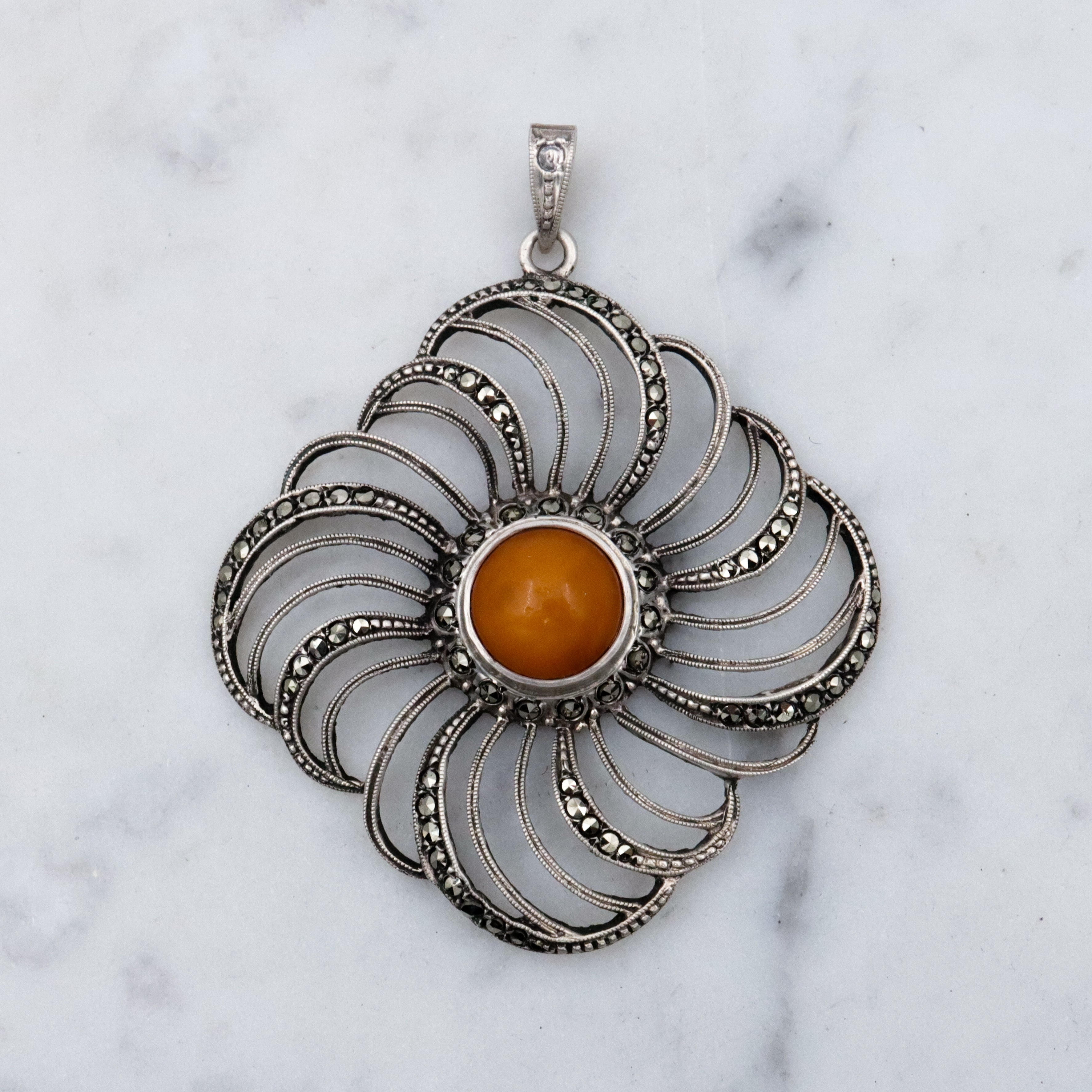 Mid Century Theodor Klotz Germany 835 silver, amber, and marcasite spiral pendant