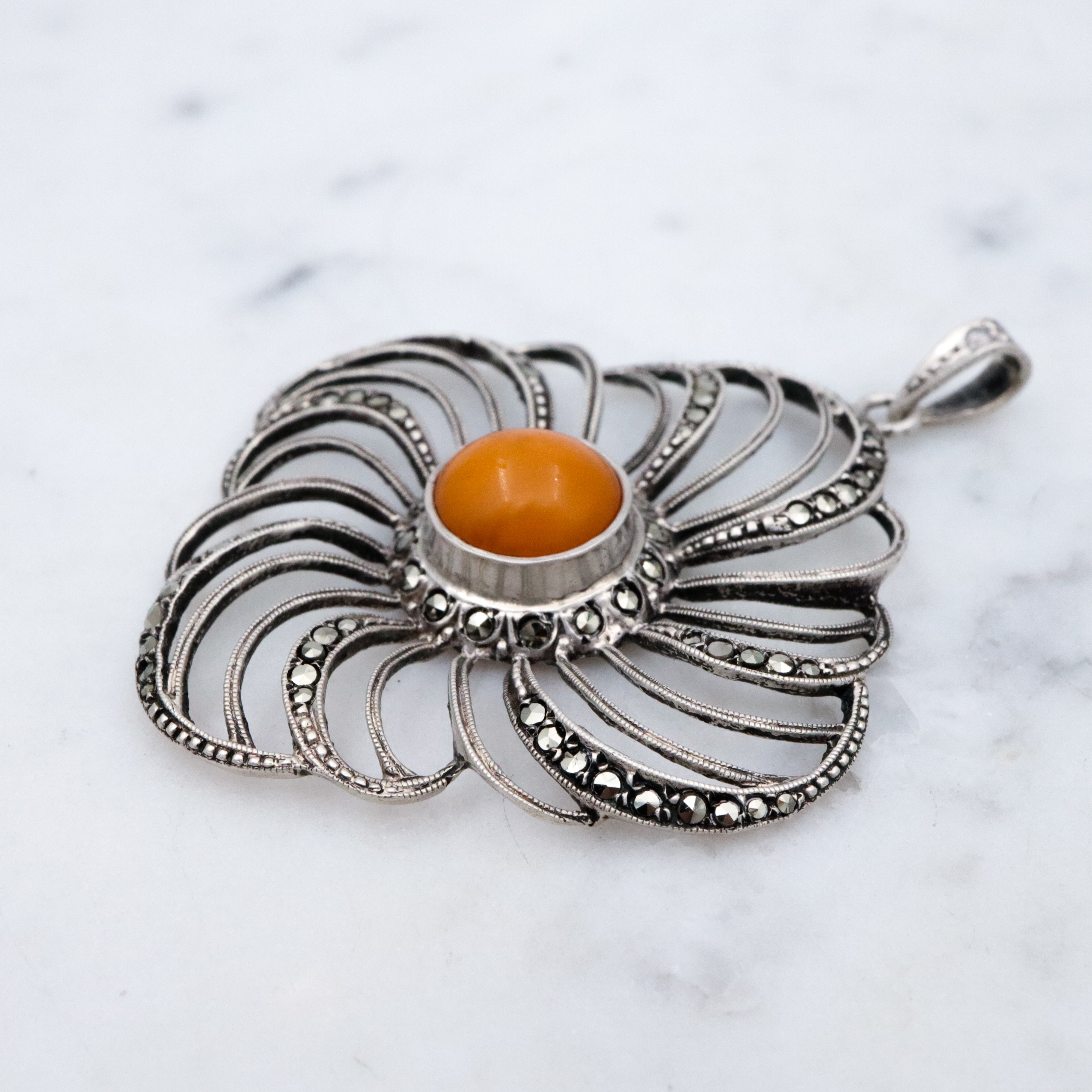Mid Century Theodor Klotz Germany 835 silver, amber, and marcasite spiral pendant