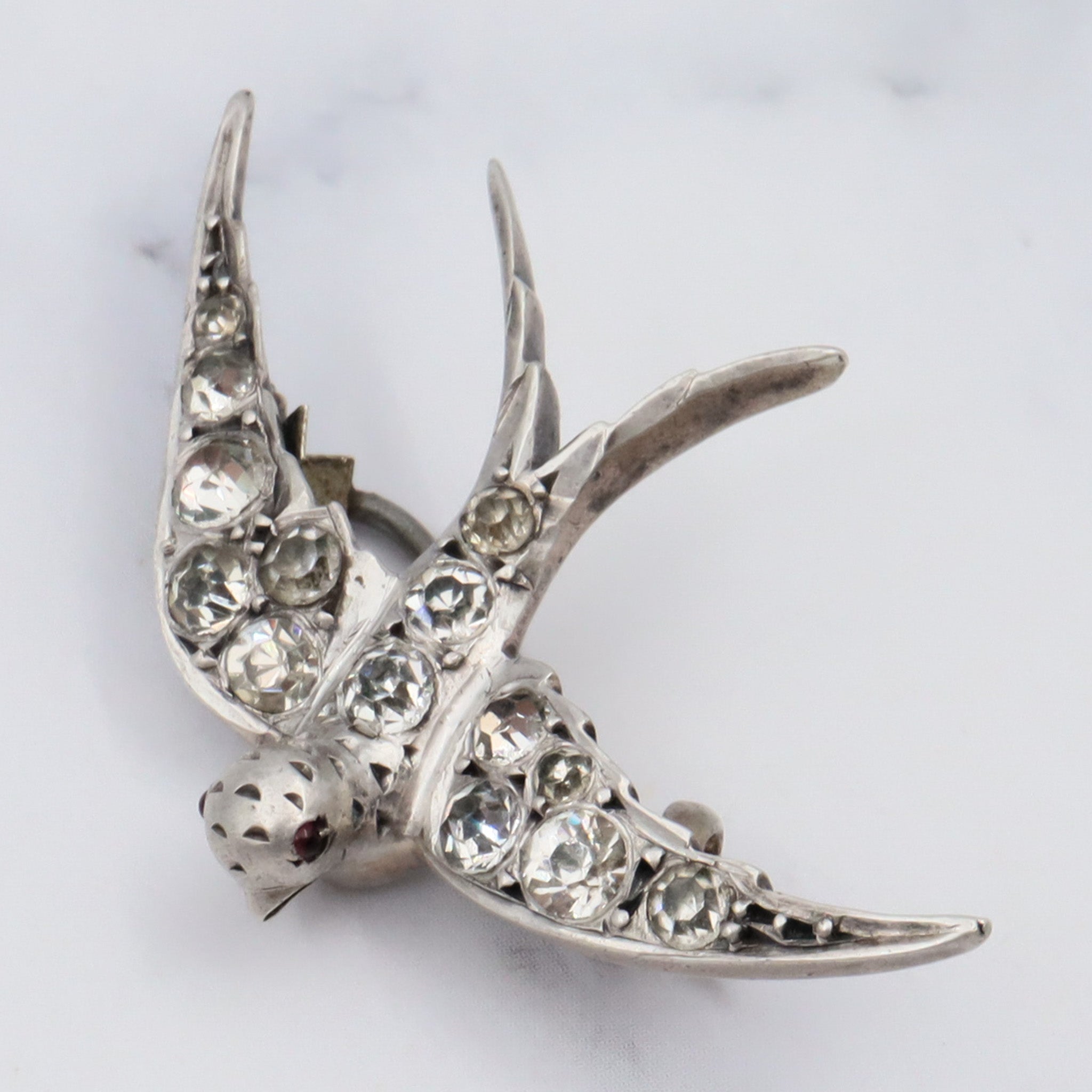 Antique Victorian .900 European handmade silver & paste gems swallow bird pin with ruby glass eyes