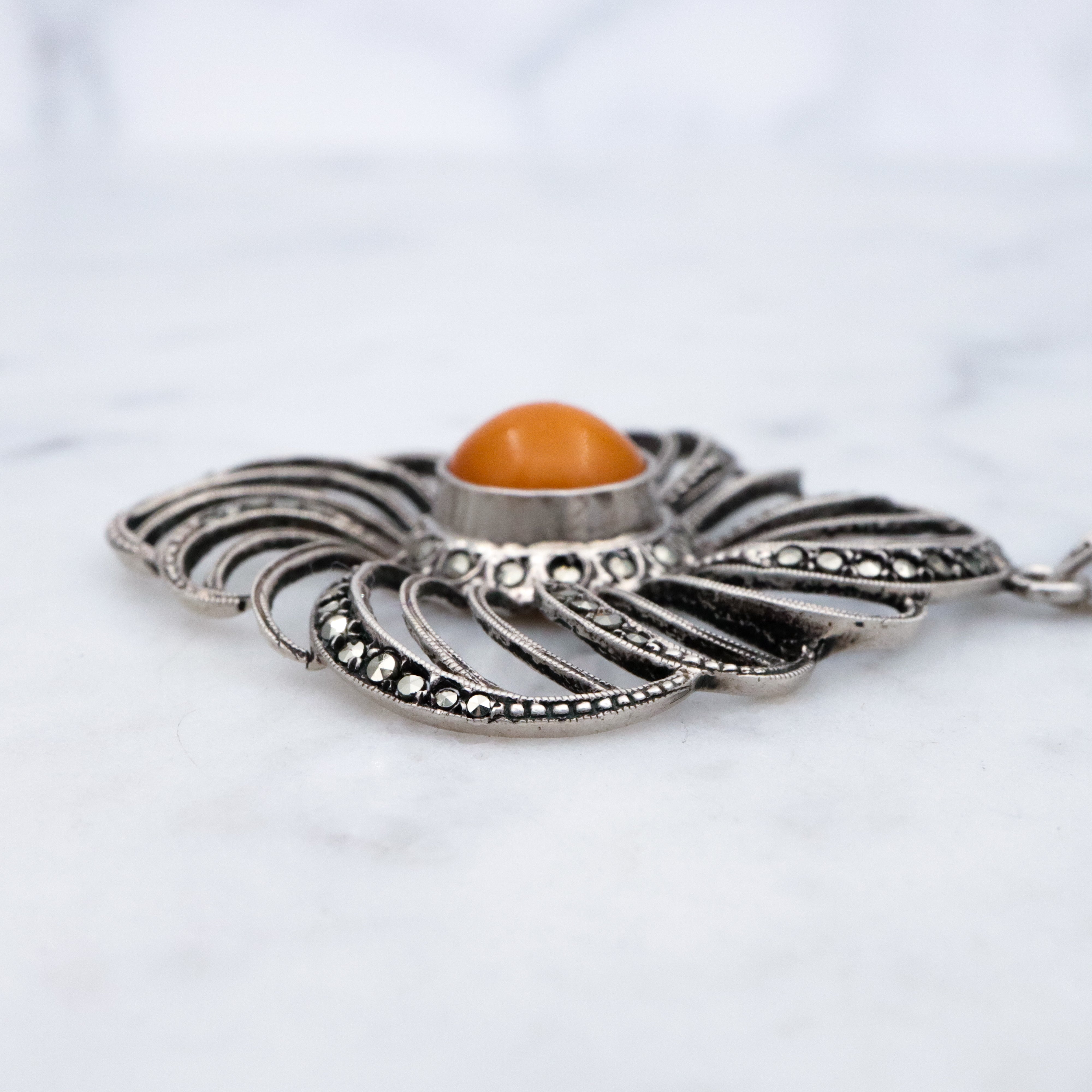 Mid Century Theodor Klotz Germany 835 silver, amber, and marcasite spiral pendant