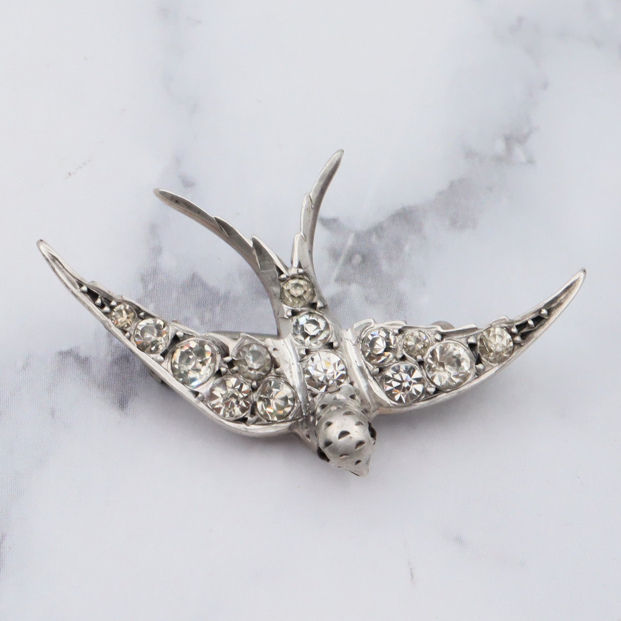 Antique Victorian .900 European handmade silver & paste gems swallow bird pin with ruby glass eyes