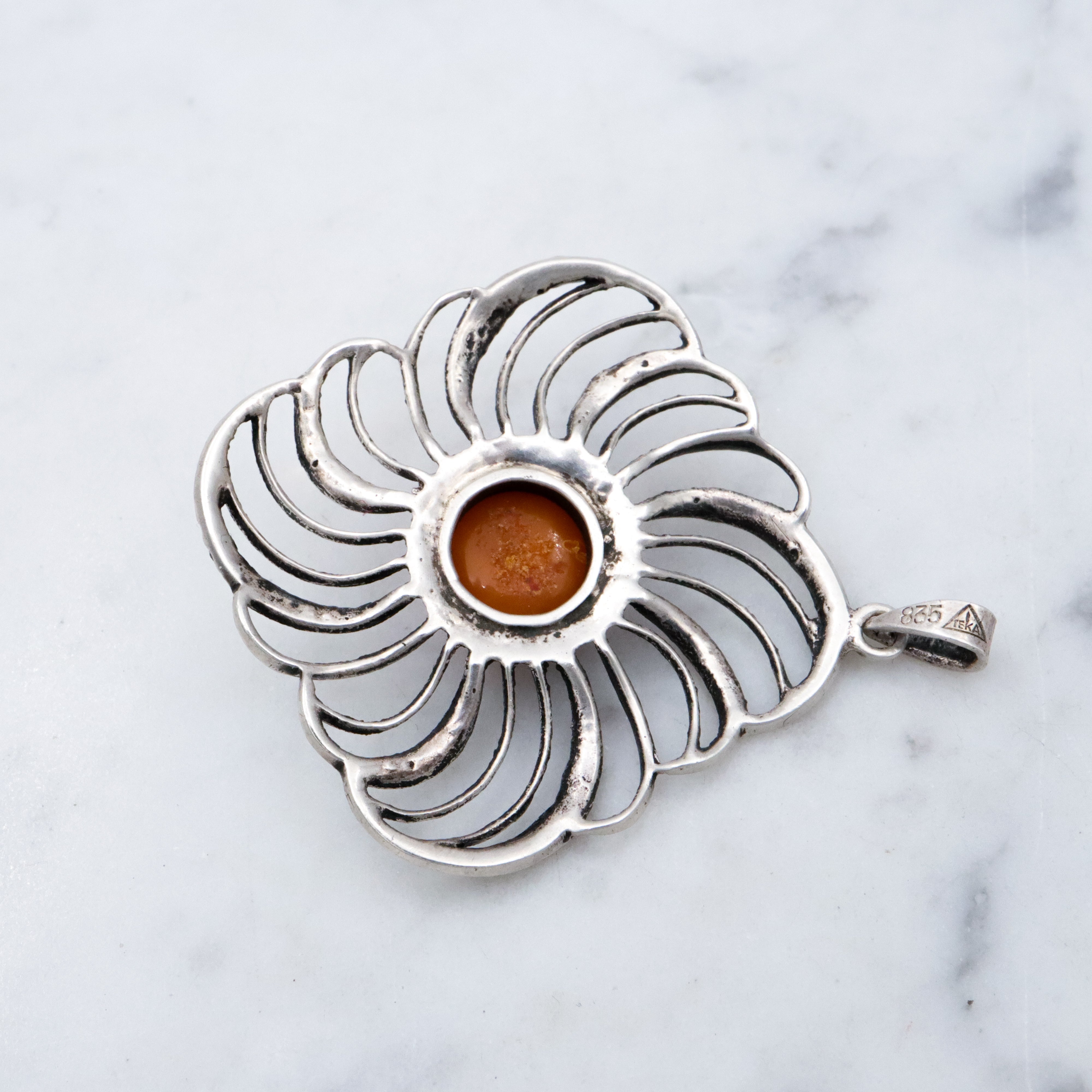 Mid Century Theodor Klotz Germany 835 silver, amber, and marcasite spiral pendant