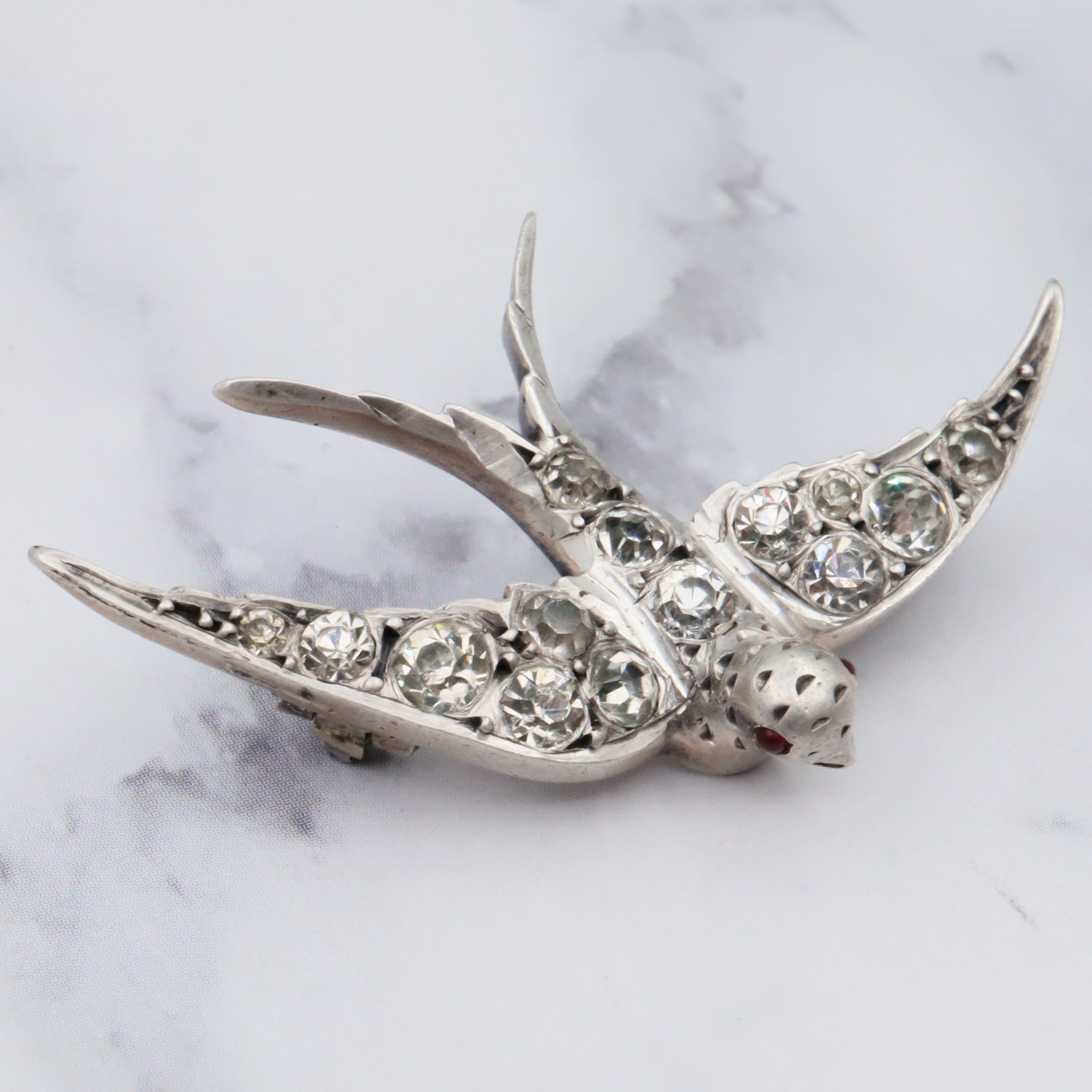 Antique Victorian .900 European handmade silver & paste gems swallow bird pin with ruby glass eyes