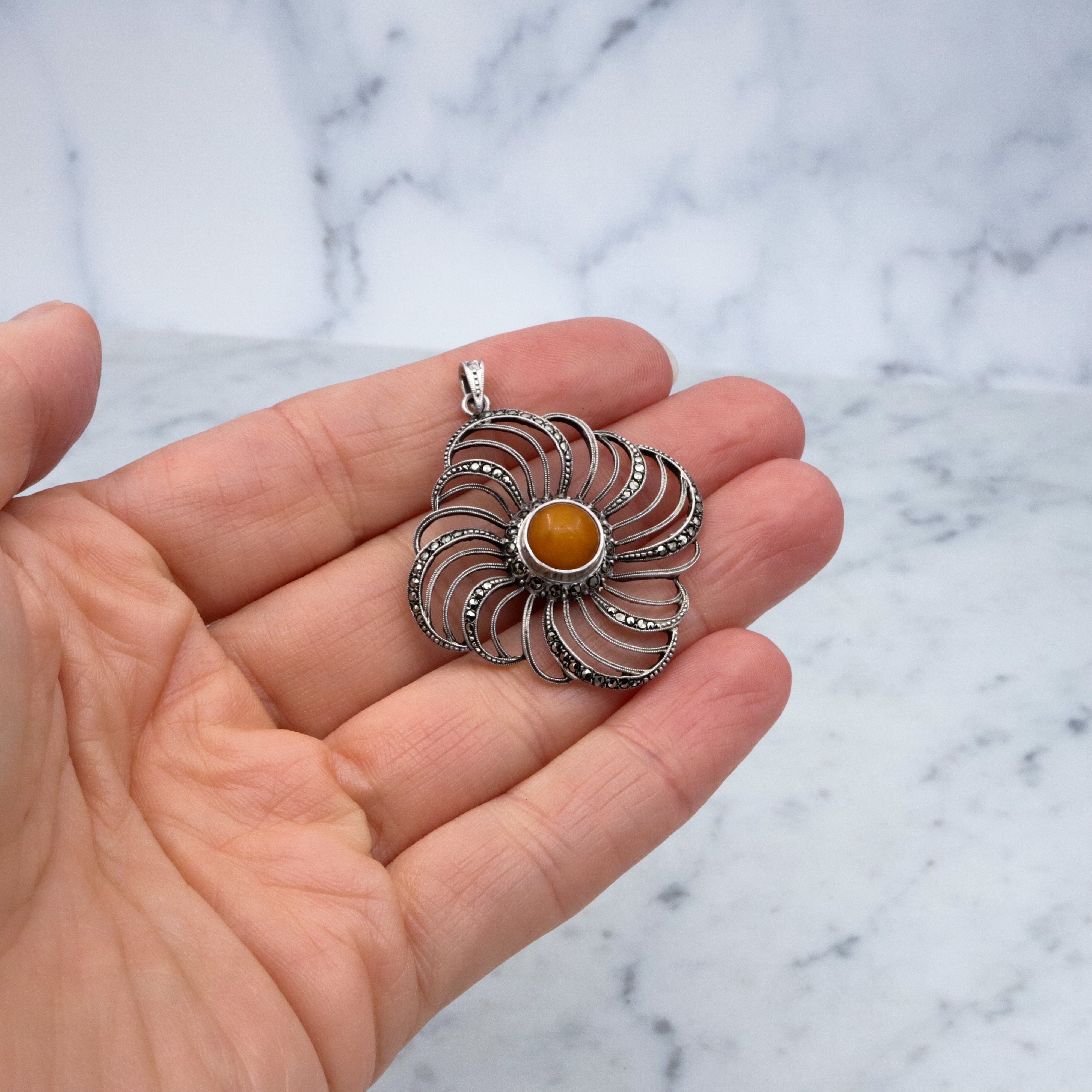 Mid Century Theodor Klotz Germany 835 silver, amber, and marcasite spiral pendant