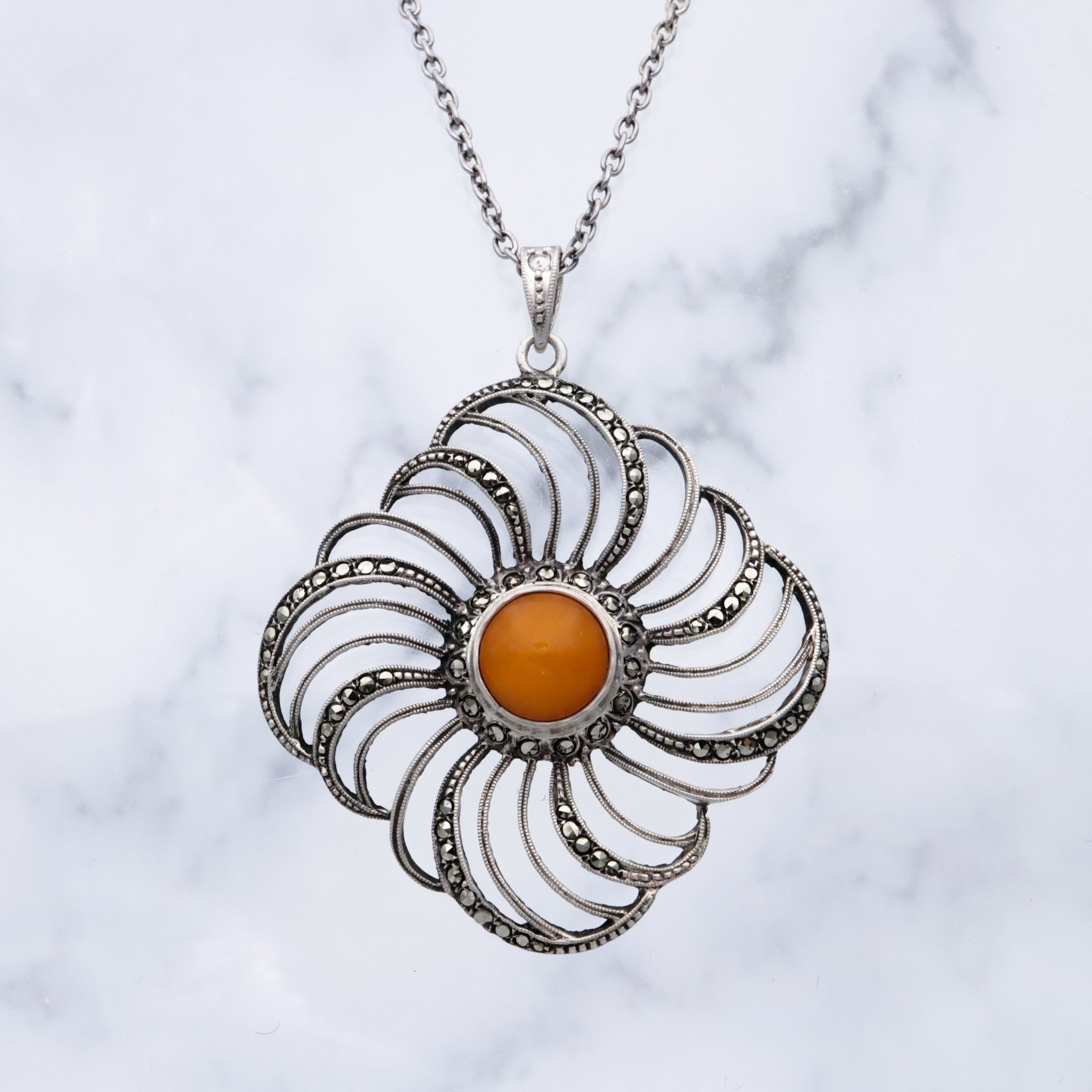 Mid Century Theodor Klotz Germany 835 silver, amber, and marcasite spiral pendant