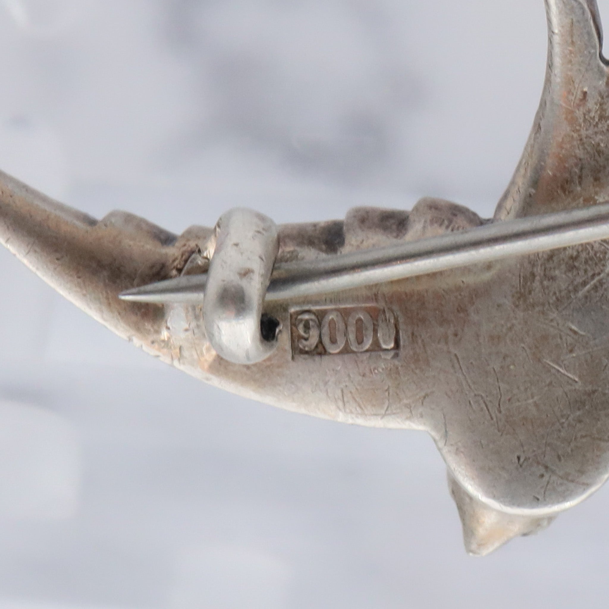 Antique Victorian .900 European handmade silver & paste gems swallow bird pin with ruby glass eyes