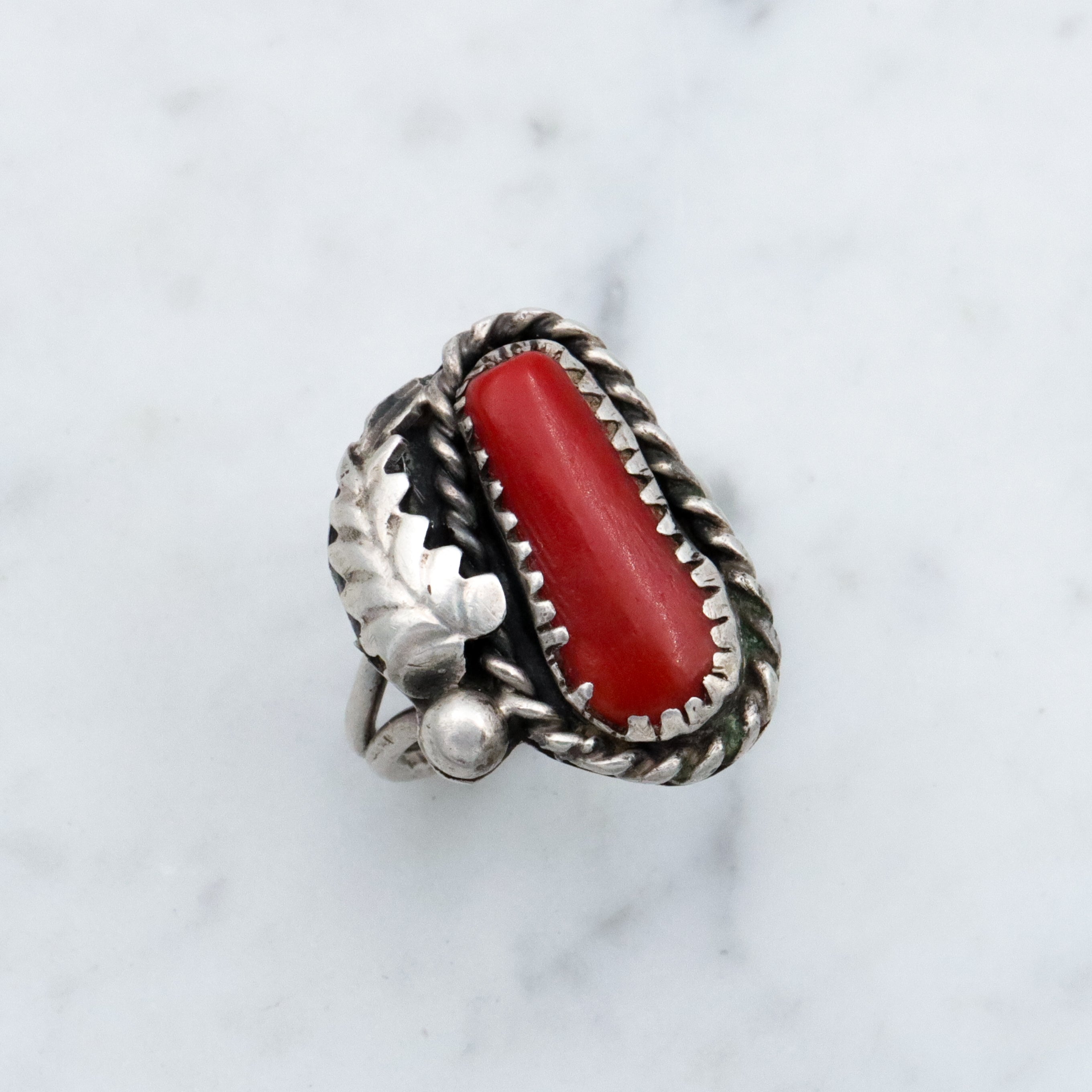 Vintage Navajo sterling coral leaf ring, size 4.5