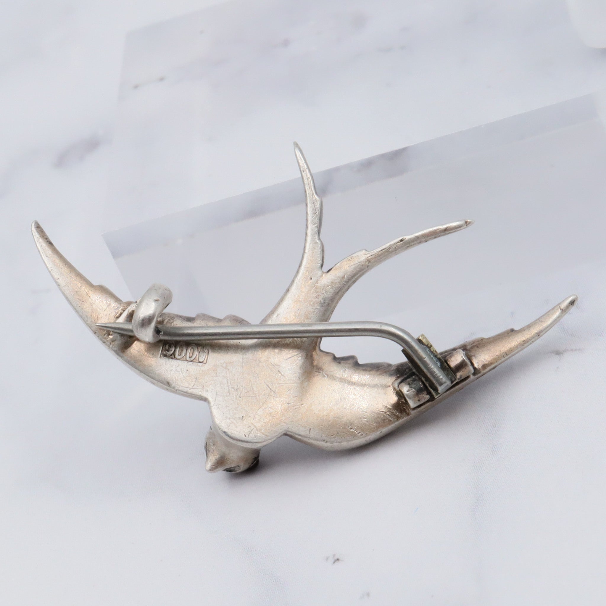 Antique Victorian .900 European handmade silver & paste gems swallow bird pin with ruby glass eyes