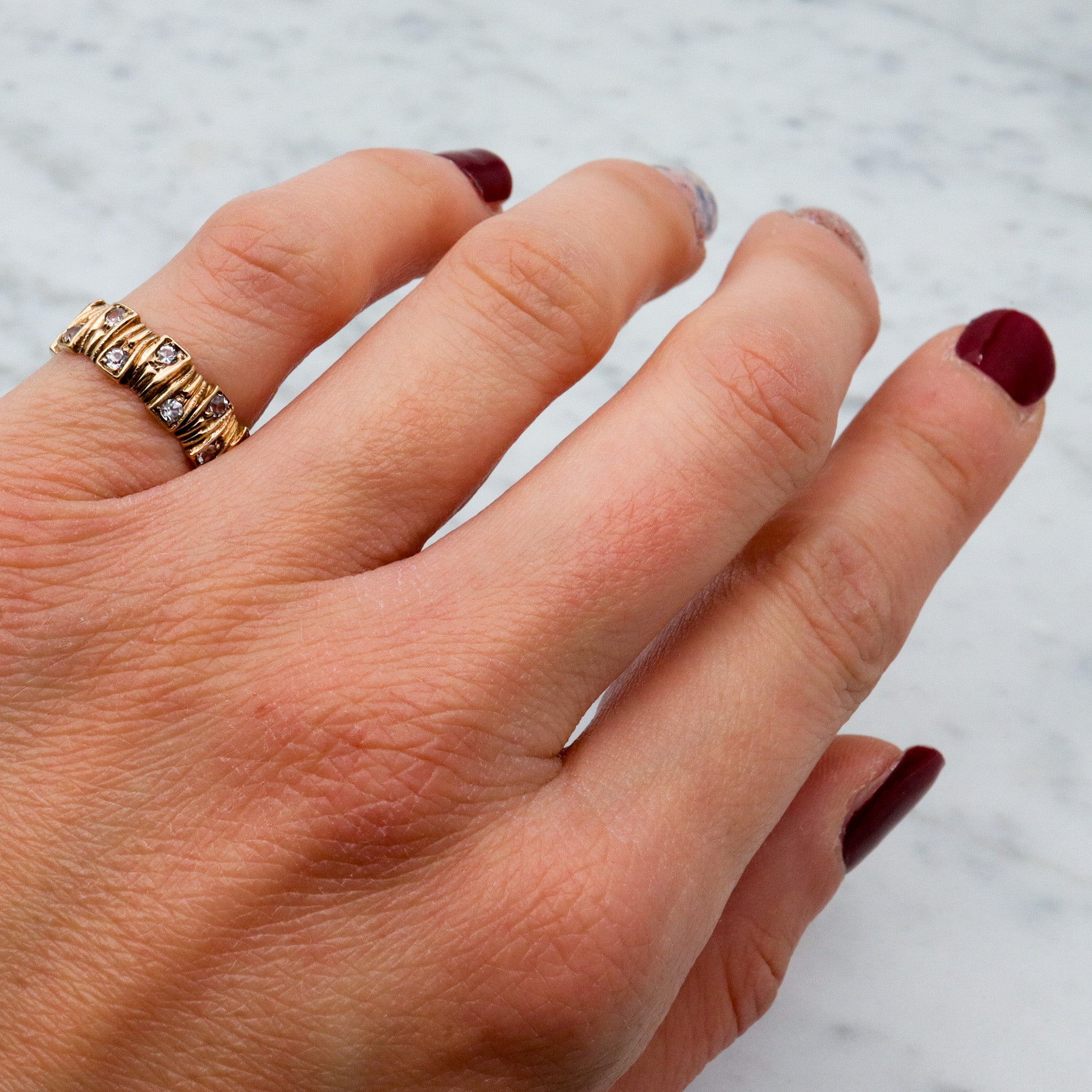 Brutalist style English 9k gold & quartz textured band, sz 5.5