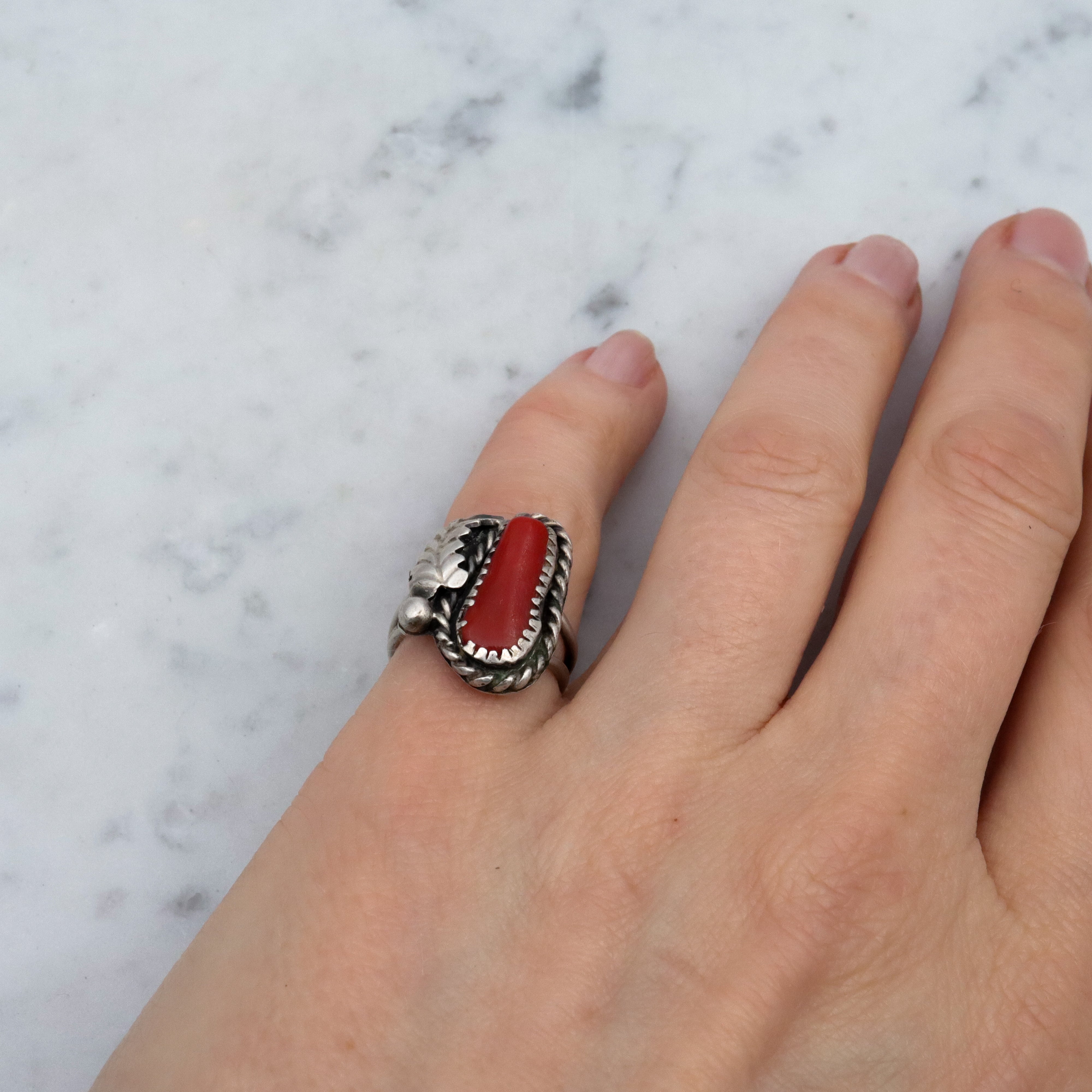 Vintage Navajo sterling coral leaf ring, size 4.5