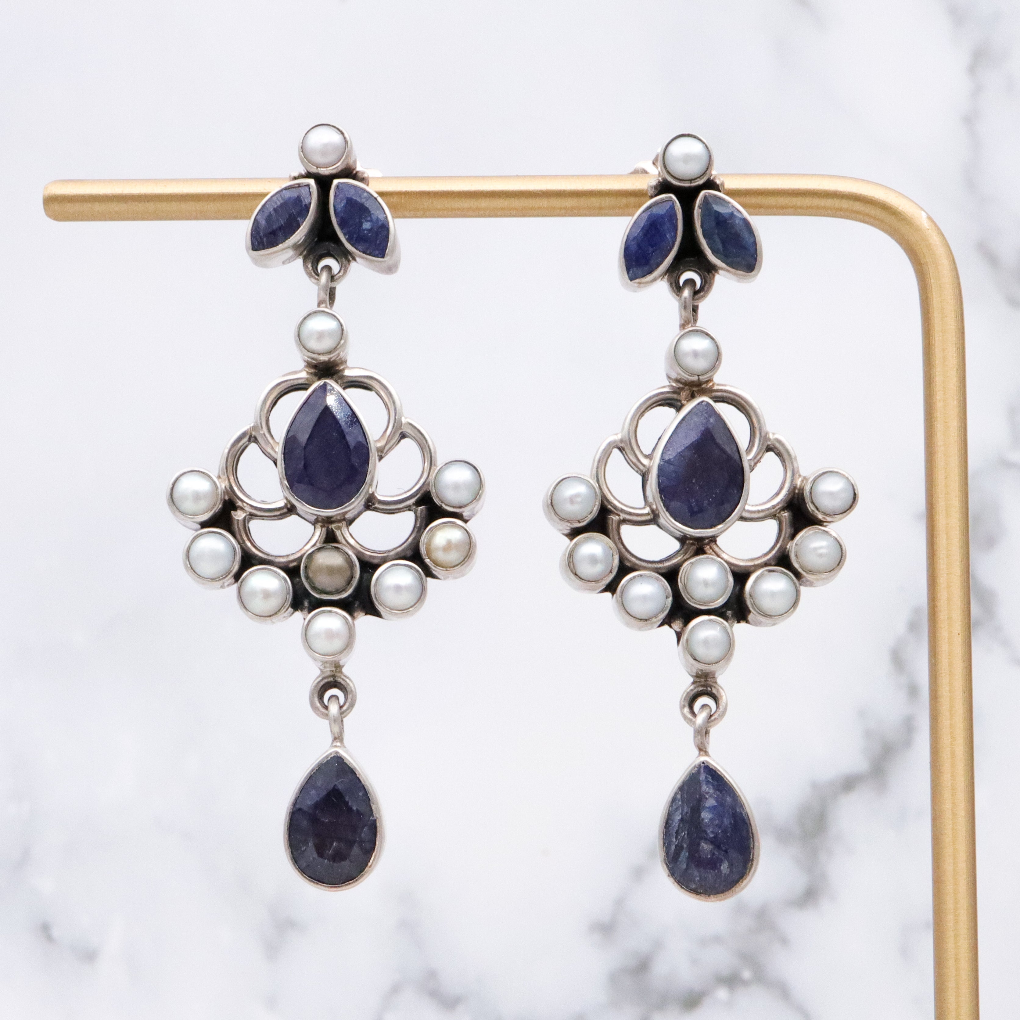 Vintage sterling raw sapphire & pearl drop chandelier earrings