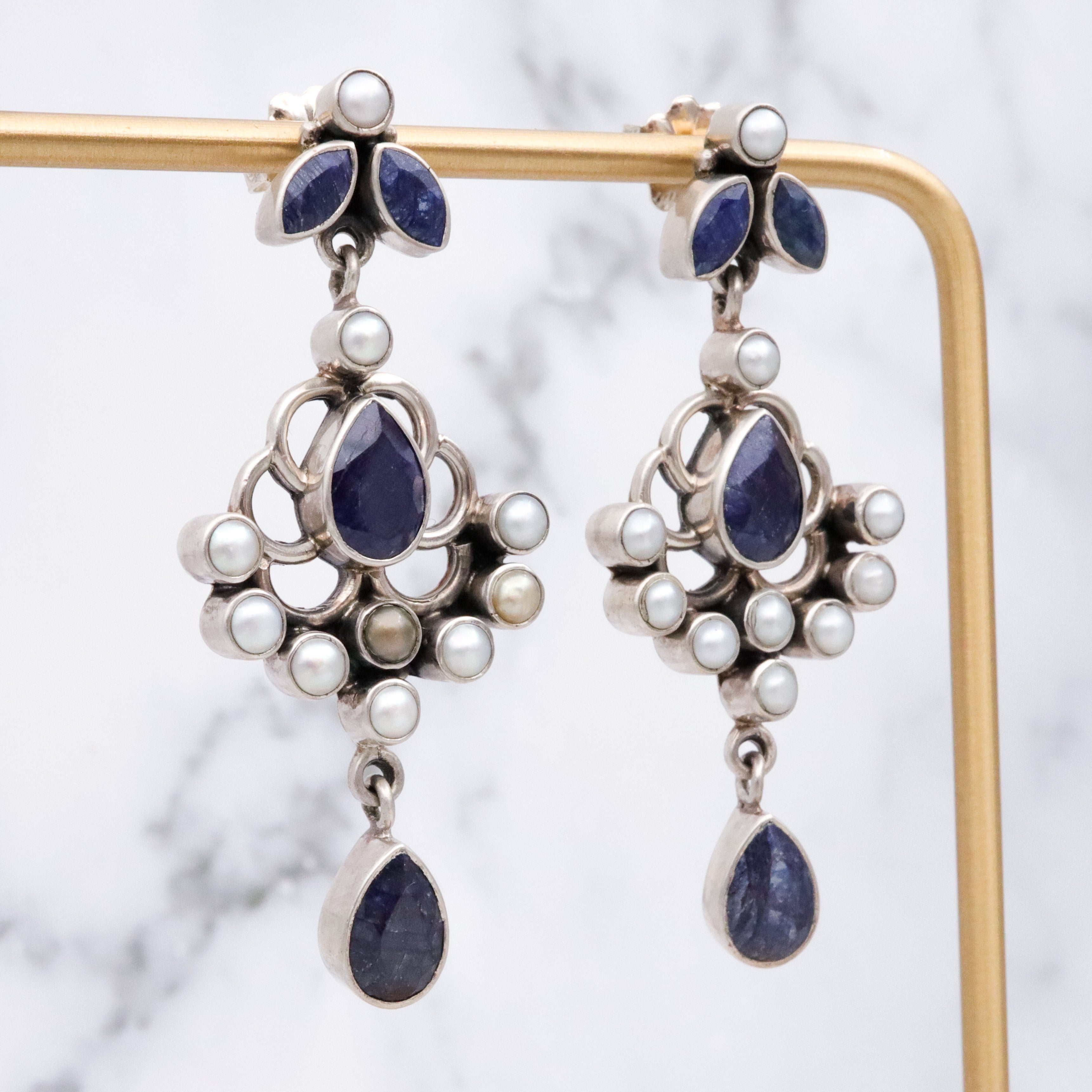 Vintage sterling raw sapphire & pearl drop chandelier earrings
