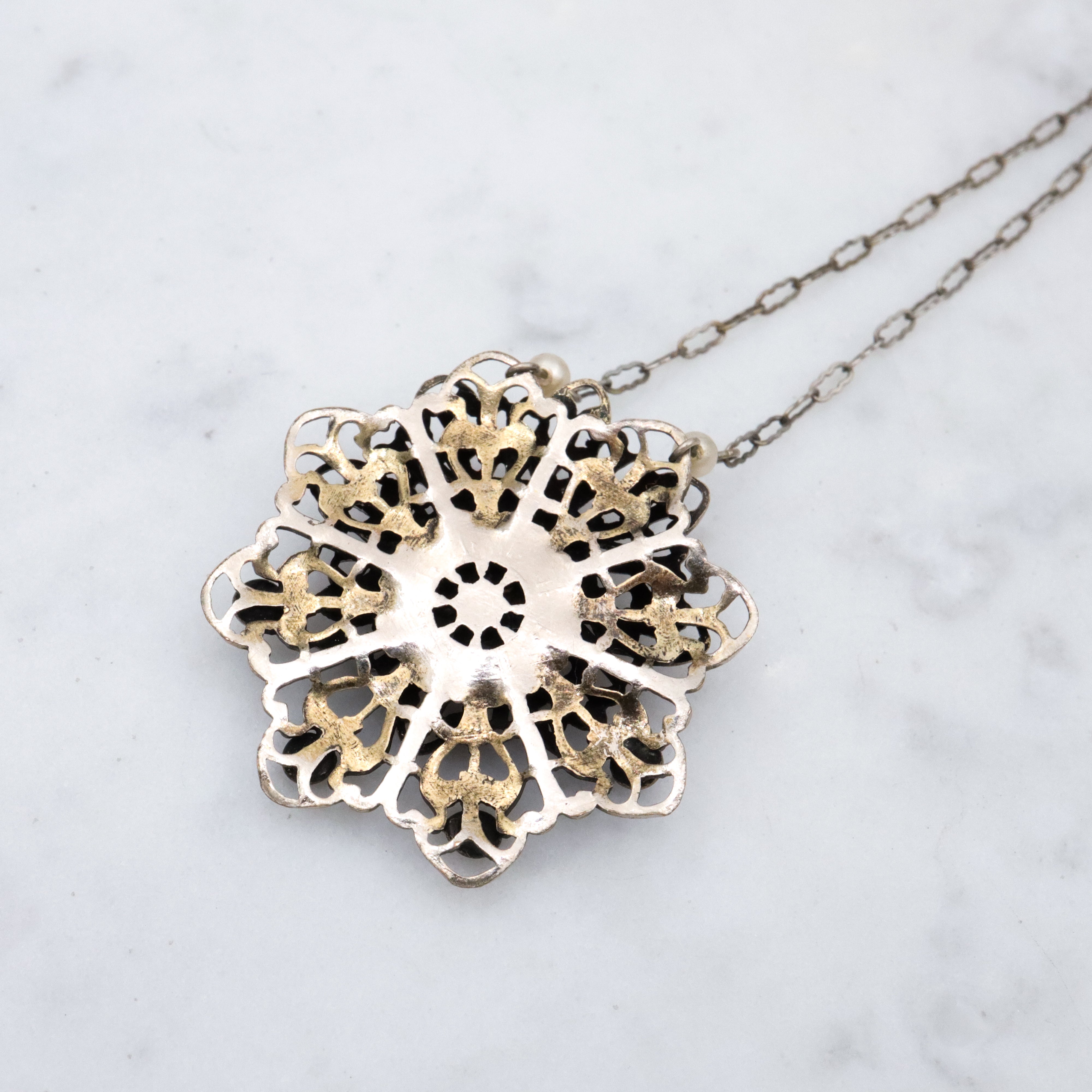 1950s silver tone filigree sapphire crystal & faux pearl flower pendant necklace