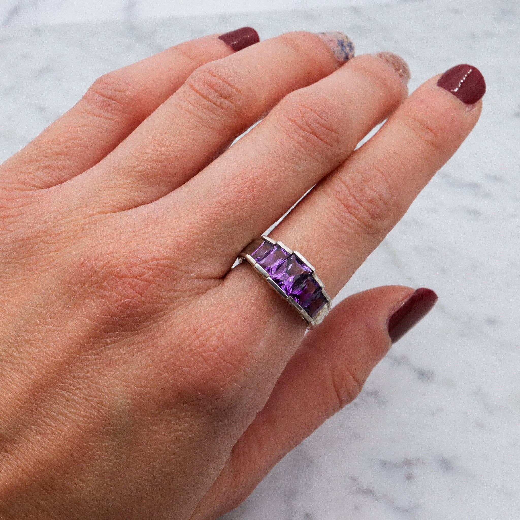 Vintage sterling stepped emerald cut amethyst ring, sz 8