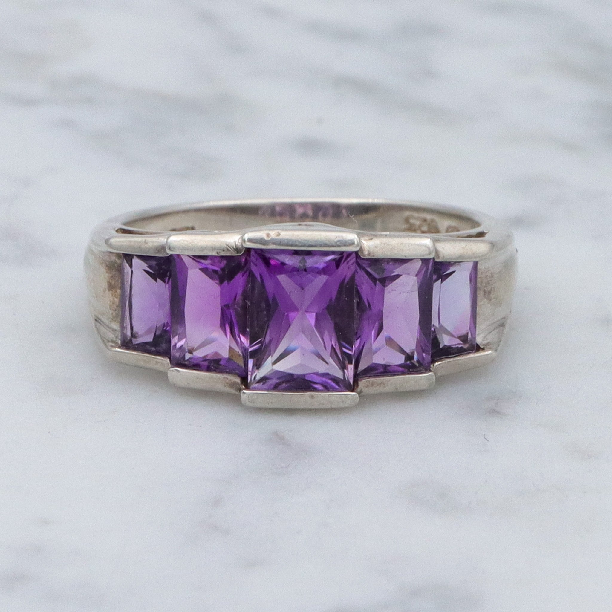Vintage sterling stepped emerald cut amethyst ring, sz 8