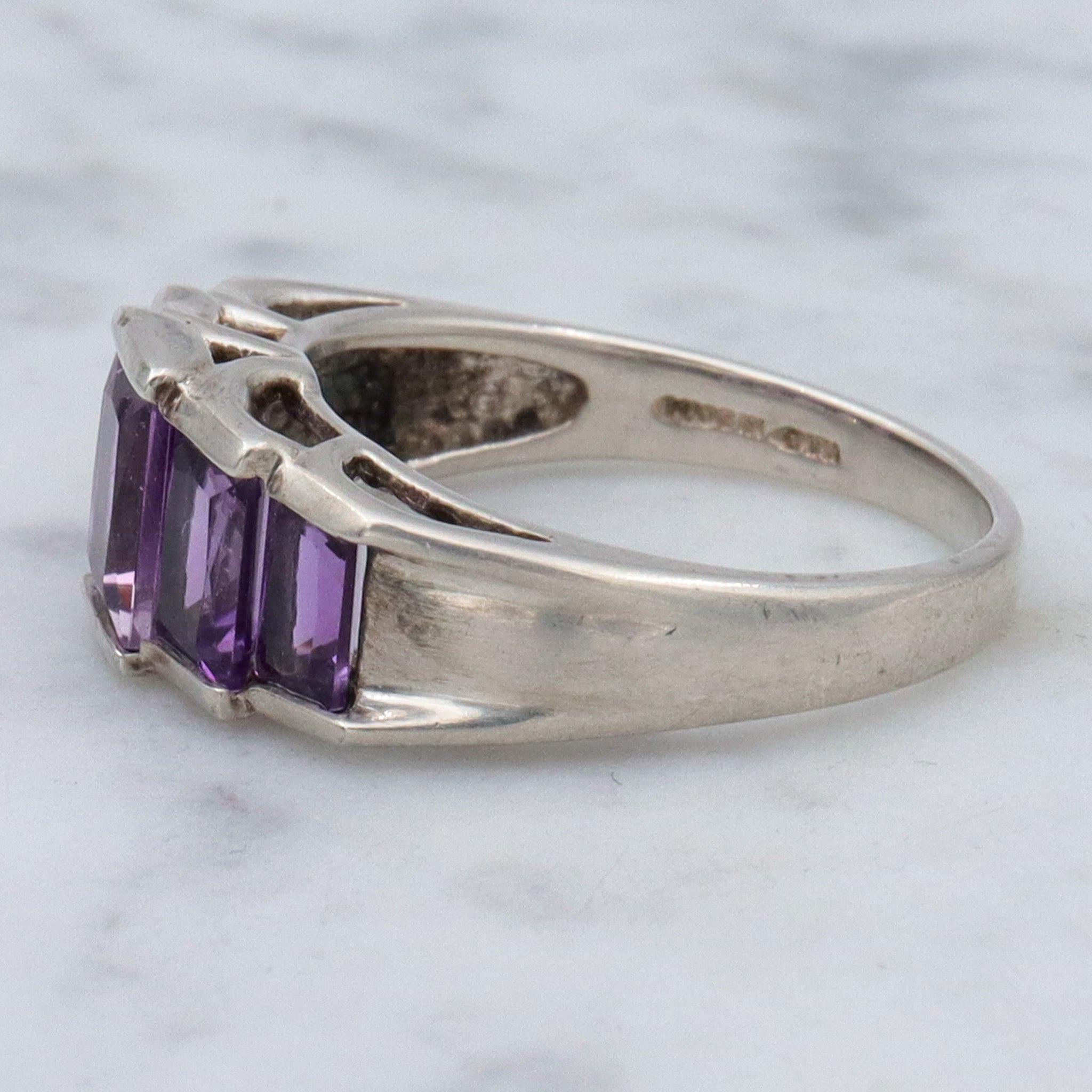Vintage sterling stepped emerald cut amethyst ring, sz 8