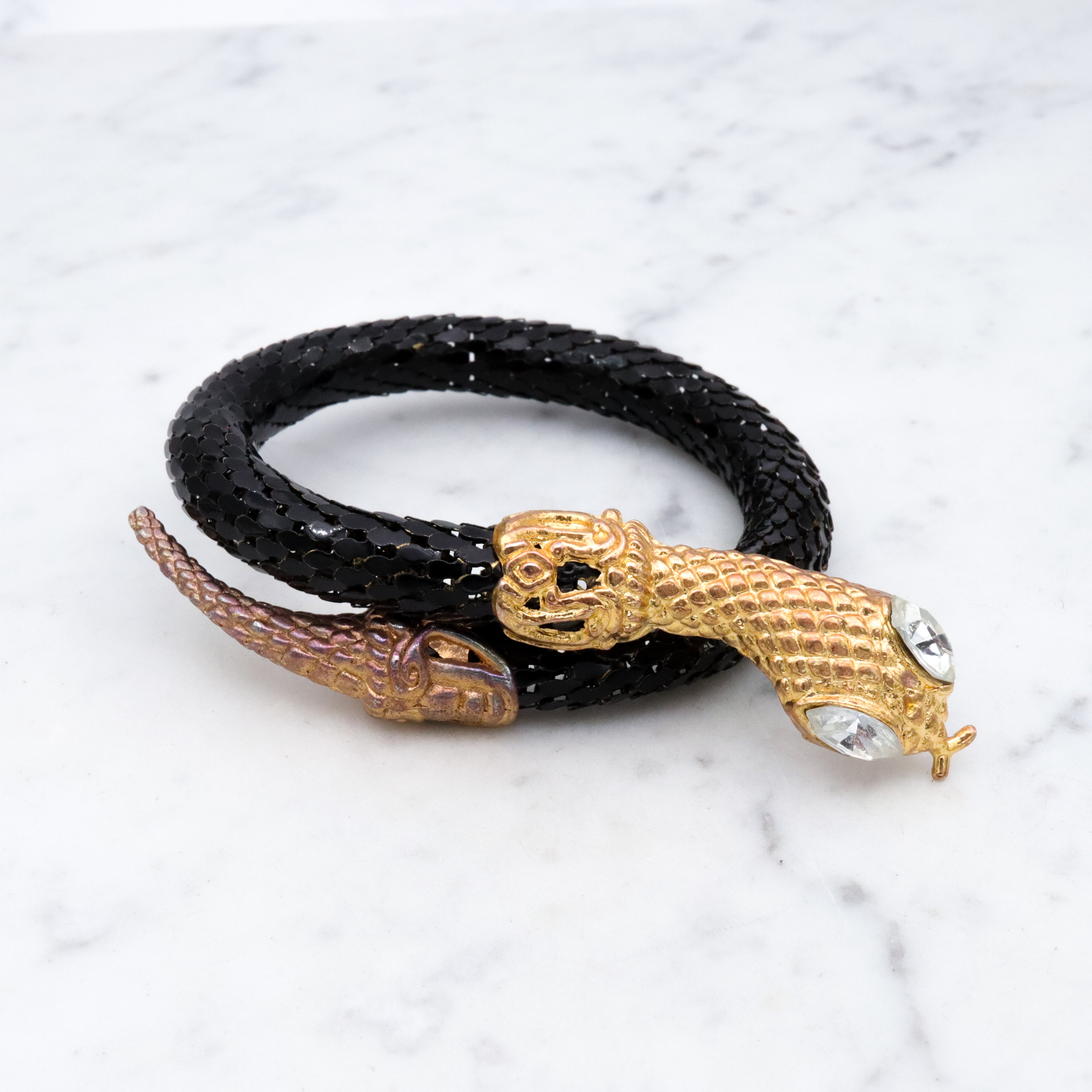 Mid Century black mesh snake wrap bracelet with diamond crystal eyes