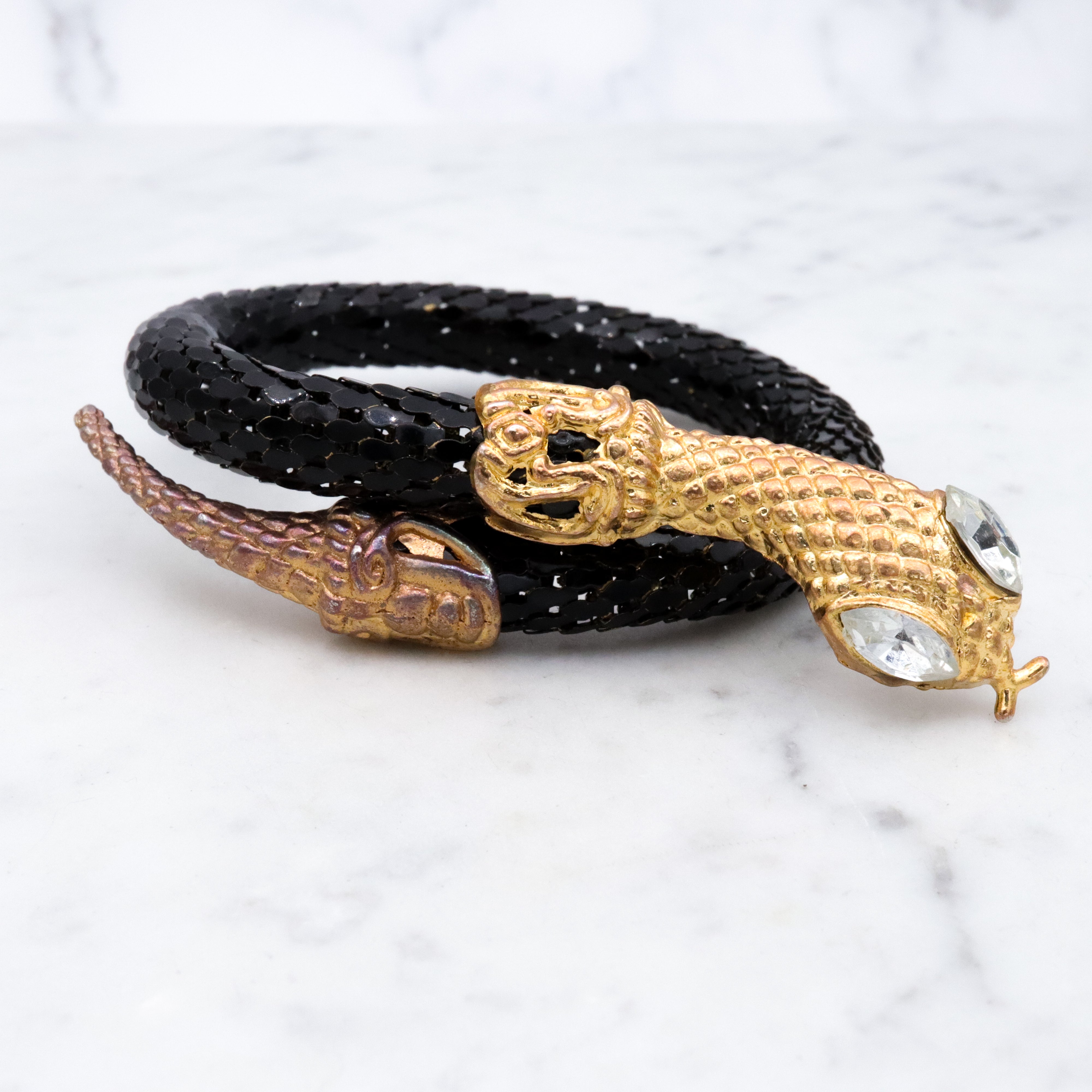 Mid Century black mesh snake wrap bracelet with diamond crystal eyes