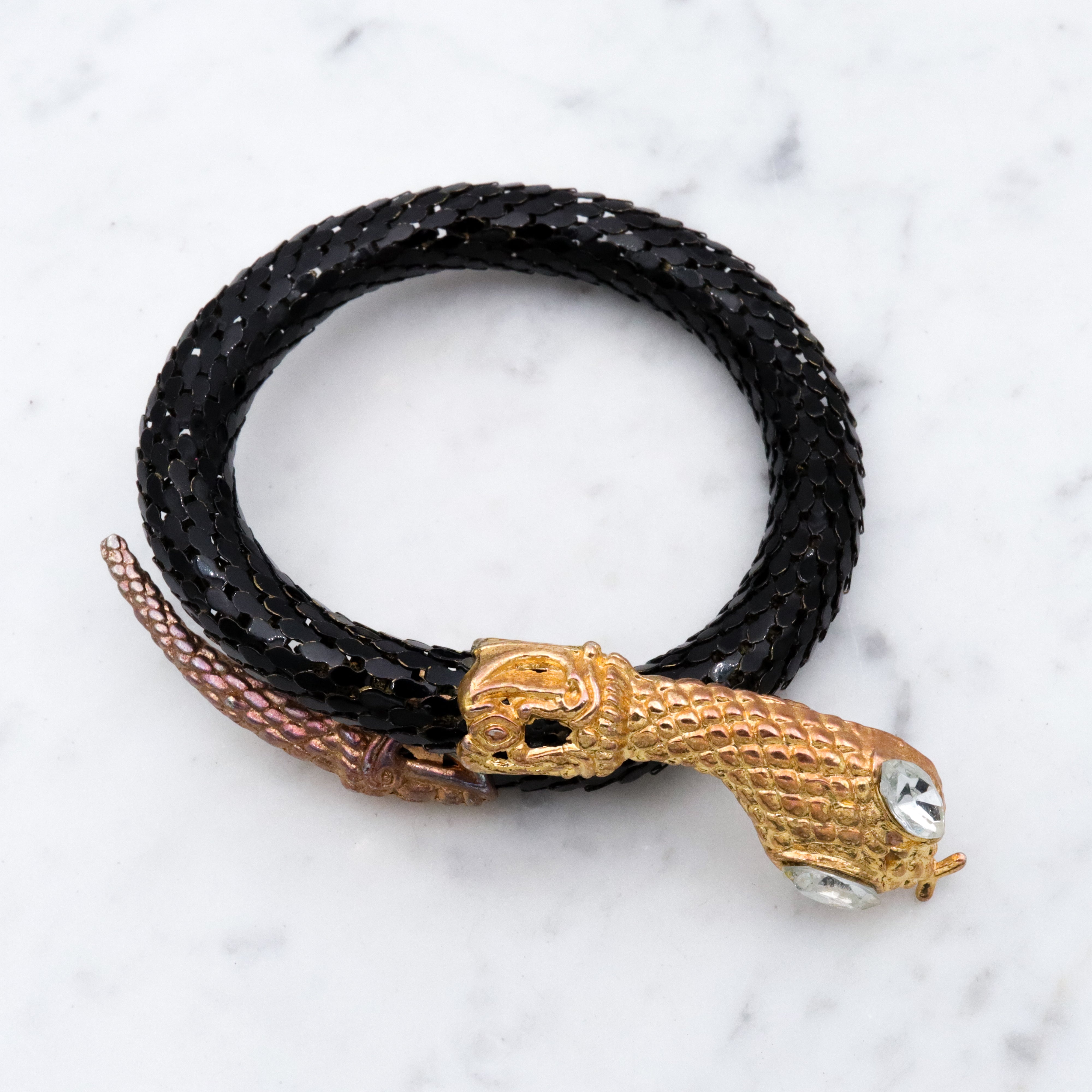 Mid Century black mesh snake wrap bracelet with diamond crystal eyes
