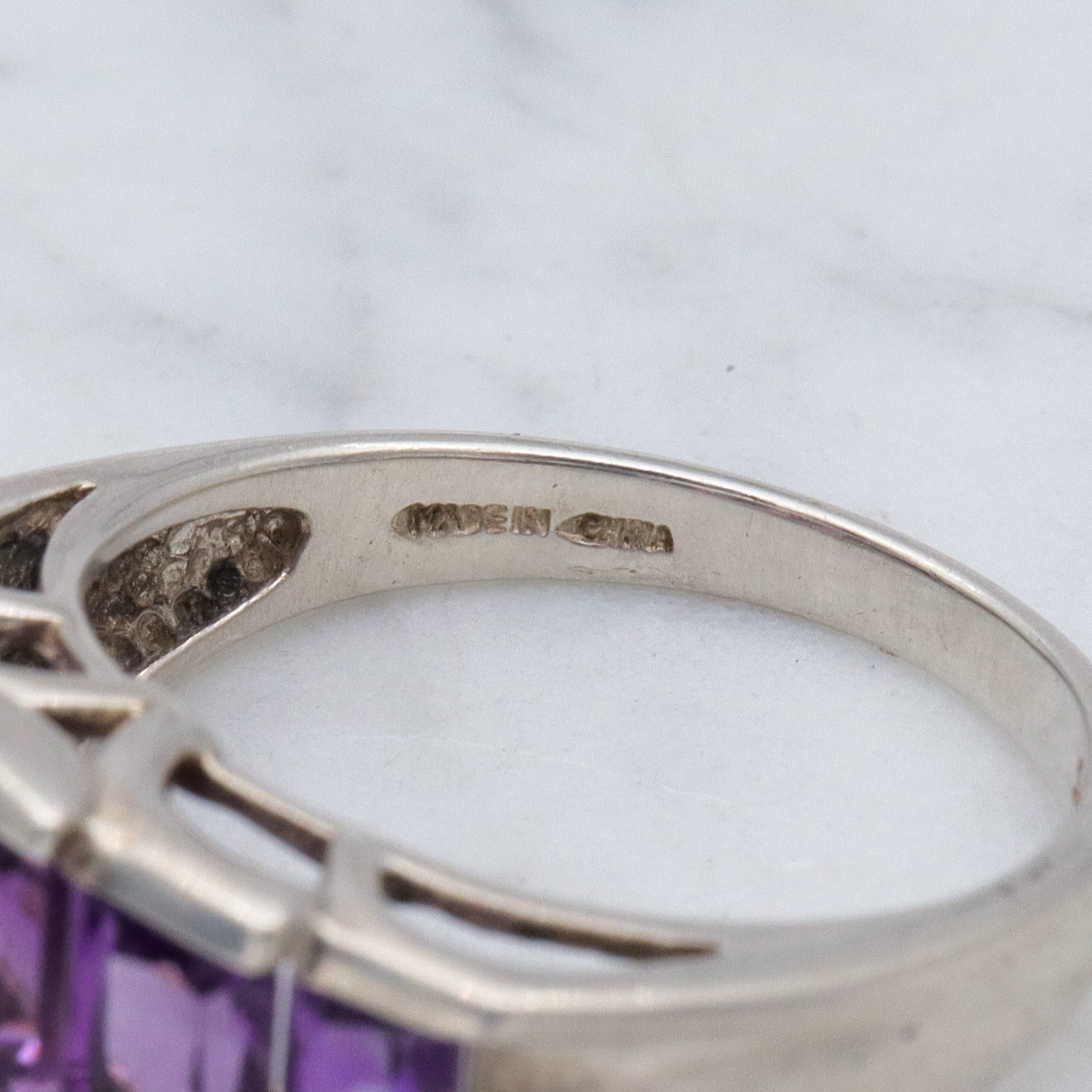 Vintage sterling stepped emerald cut amethyst ring, sz 8