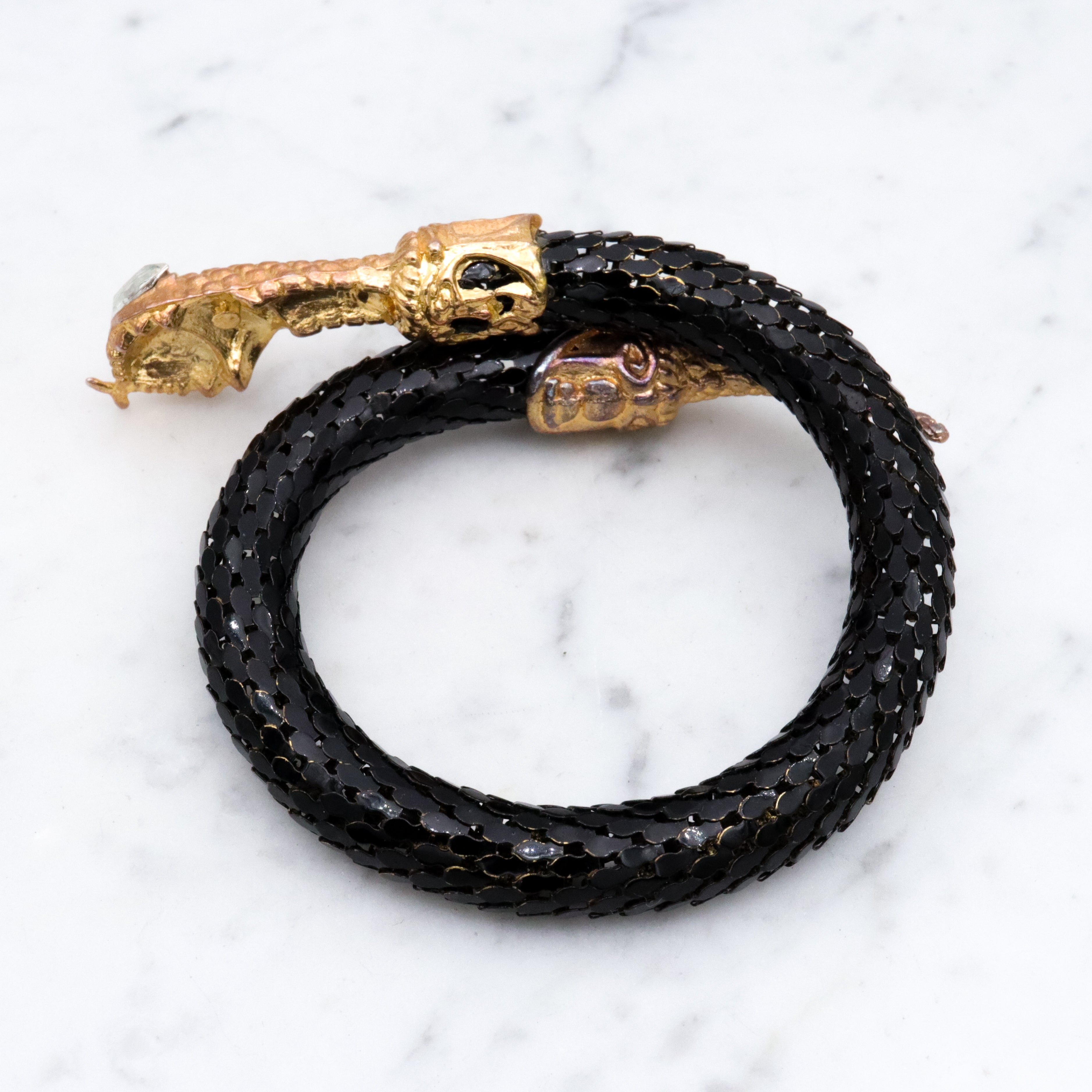 Mid Century black mesh snake wrap bracelet with diamond crystal eyes