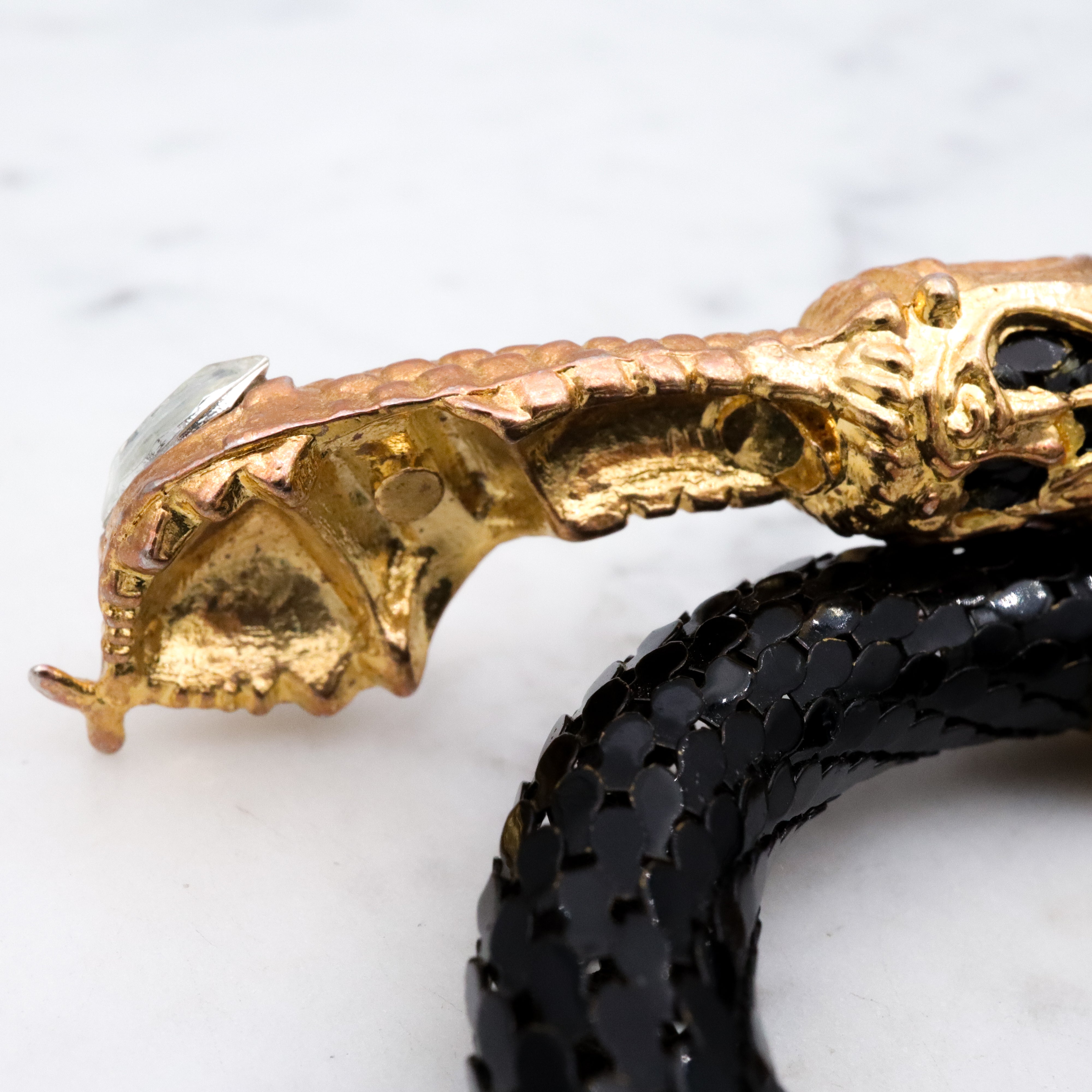 Mid Century black mesh snake wrap bracelet with diamond crystal eyes