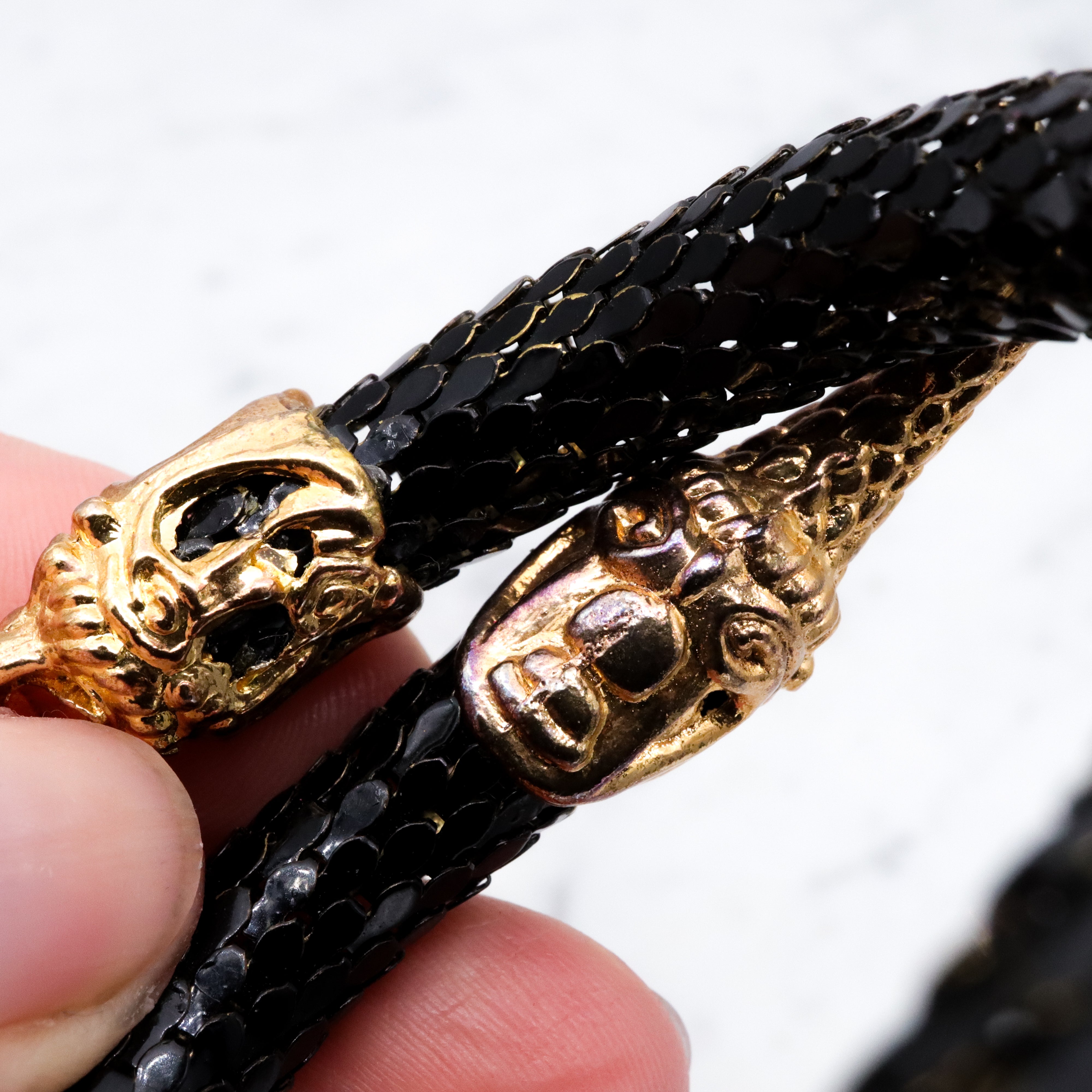 Mid Century black mesh snake wrap bracelet with diamond crystal eyes