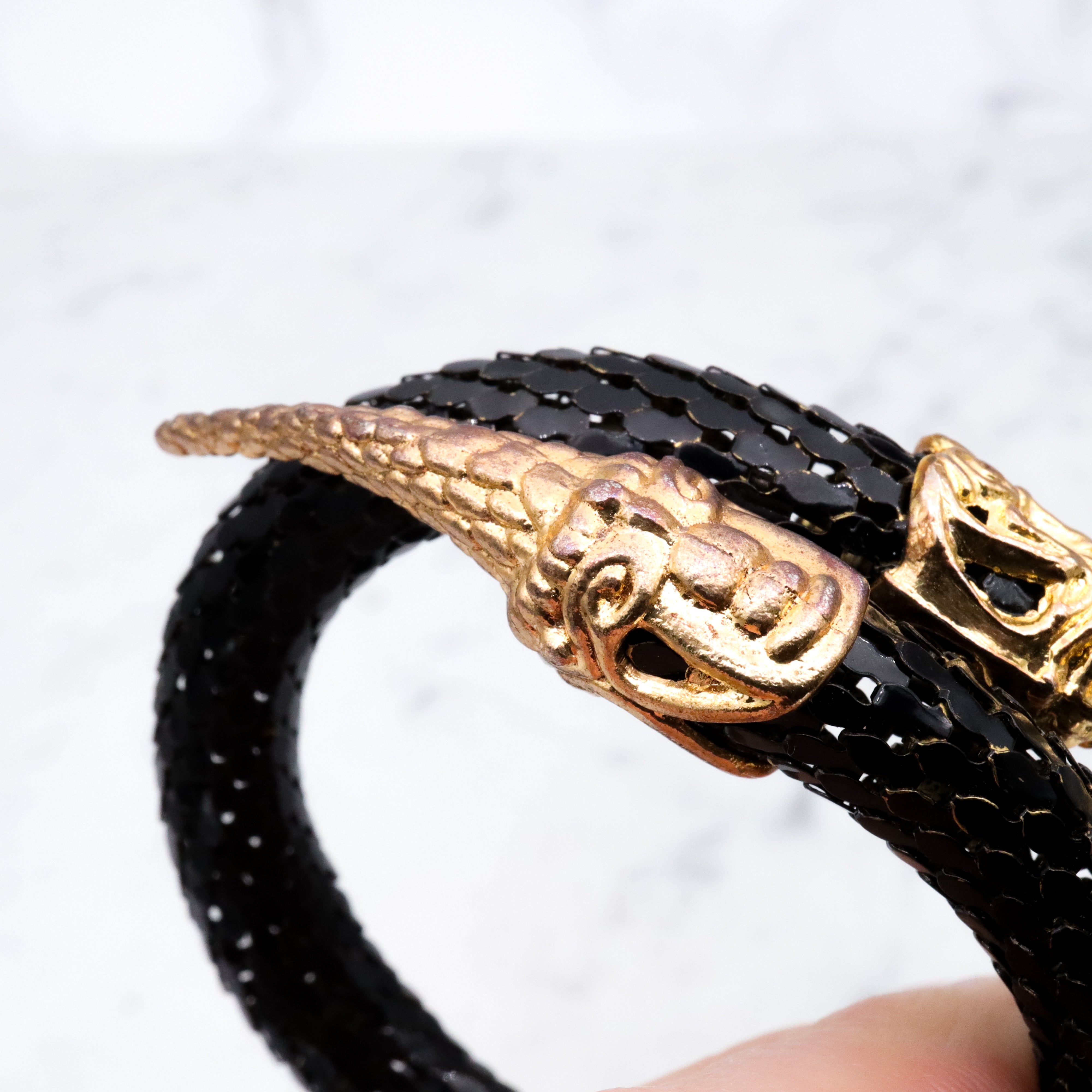 Mid Century black mesh snake wrap bracelet with diamond crystal eyes