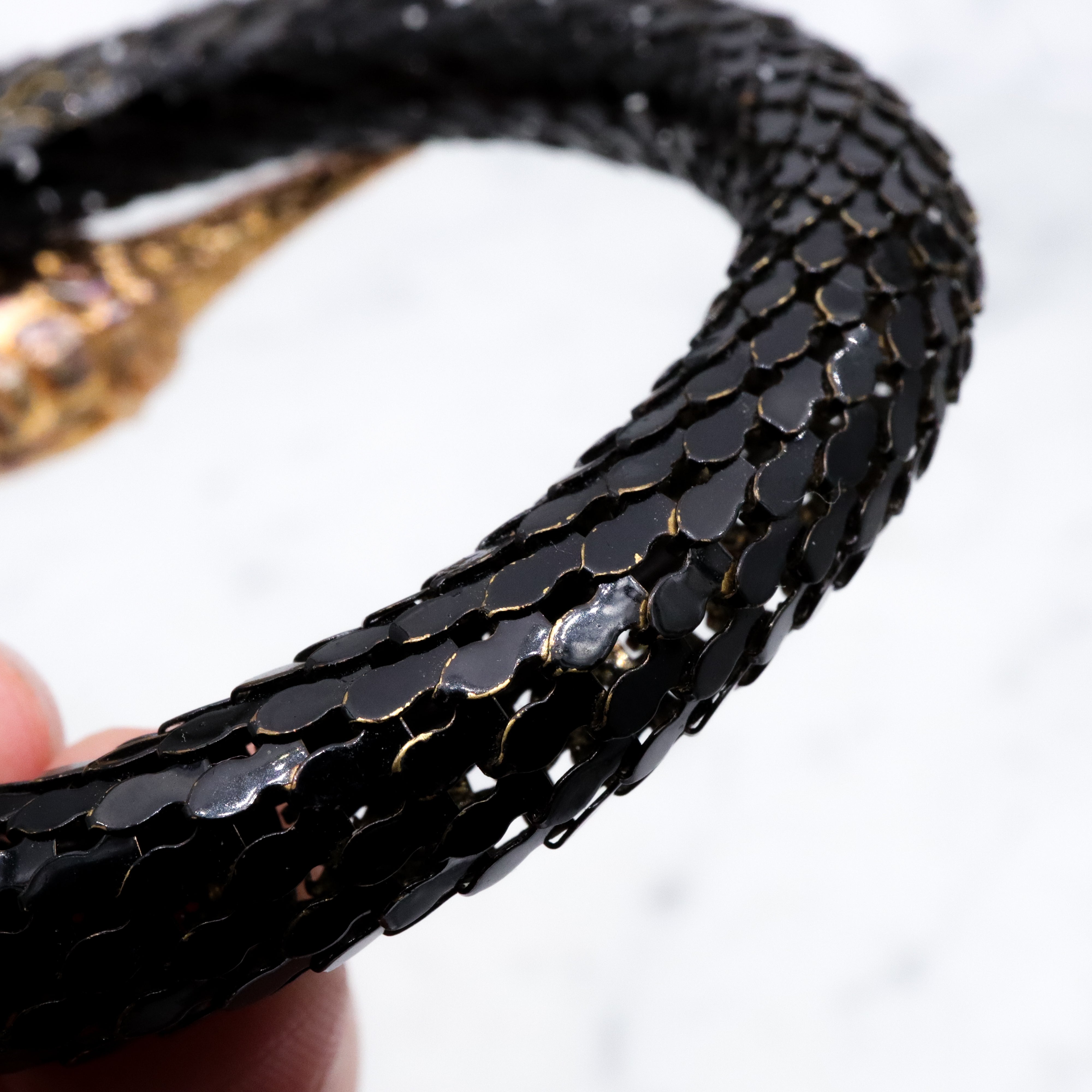 Mid Century black mesh snake wrap bracelet with diamond crystal eyes