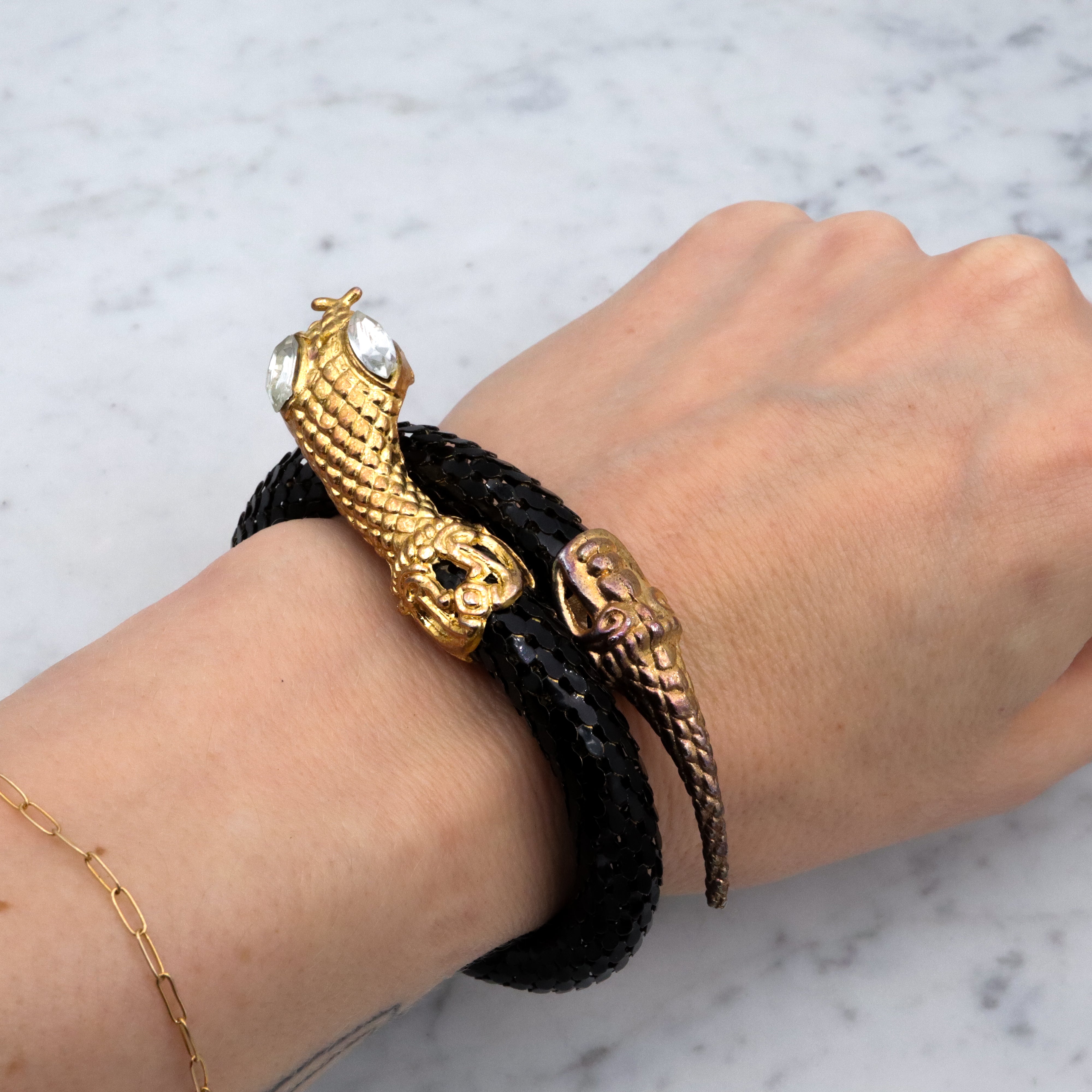 Mid Century black mesh snake wrap bracelet with diamond crystal eyes