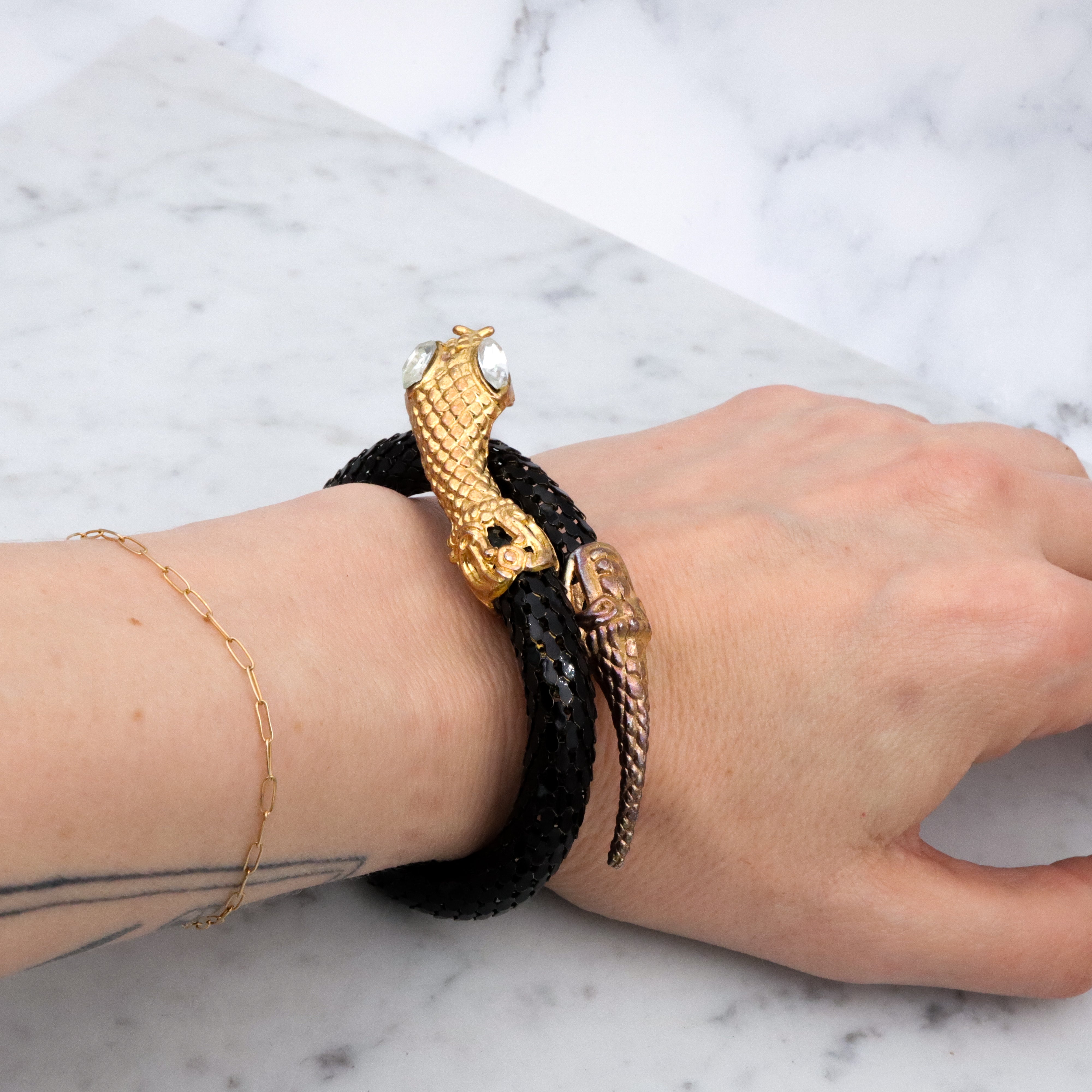 Mid Century black mesh snake wrap bracelet with diamond crystal eyes