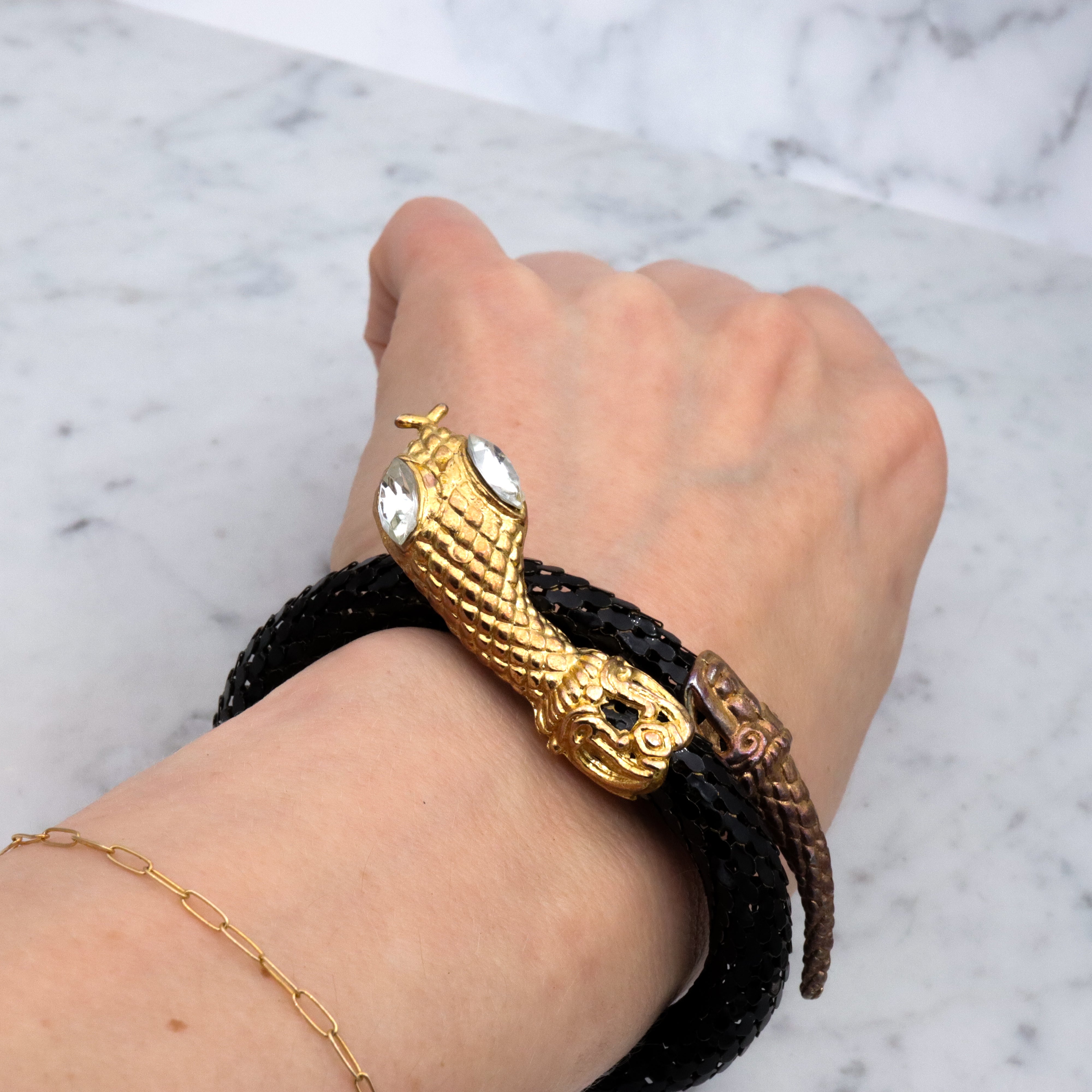 Mid Century black mesh snake wrap bracelet with diamond crystal eyes