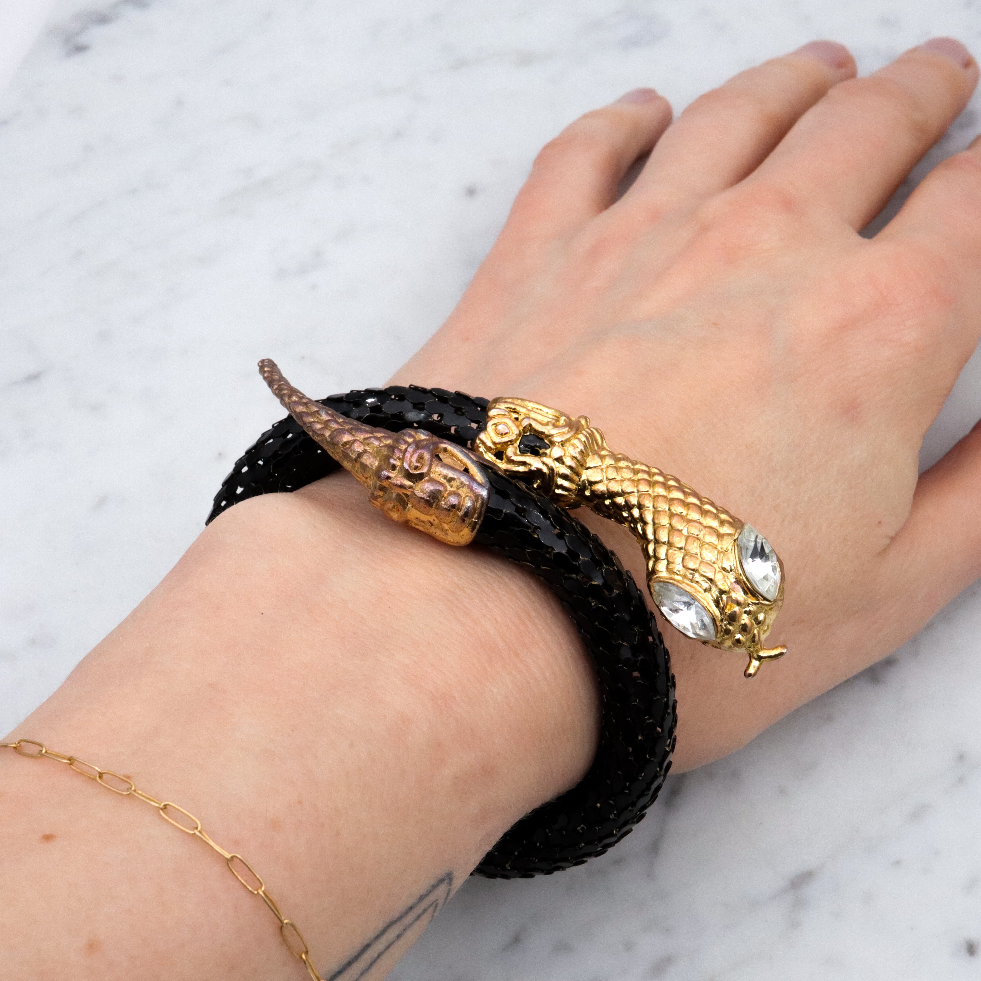 Mid Century black mesh snake wrap bracelet with diamond crystal eyes